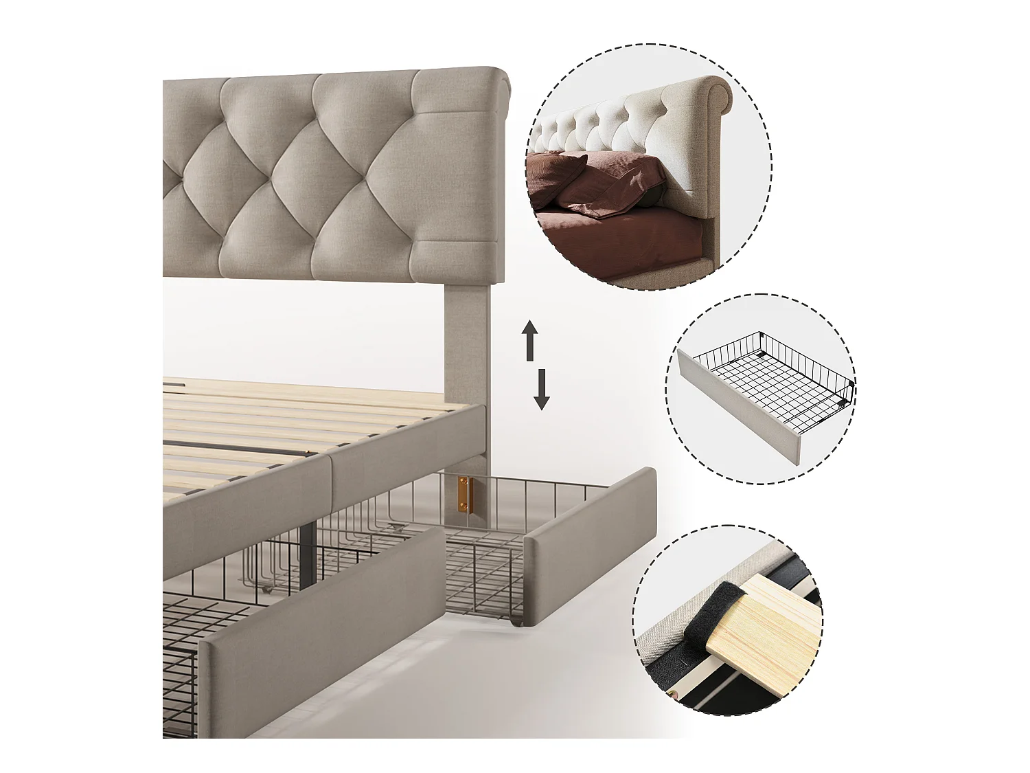 Lit 90 x 200 cm avec tête de lit + 2 tiroirs - tissu en lin - coloris naturel - Chesterfield