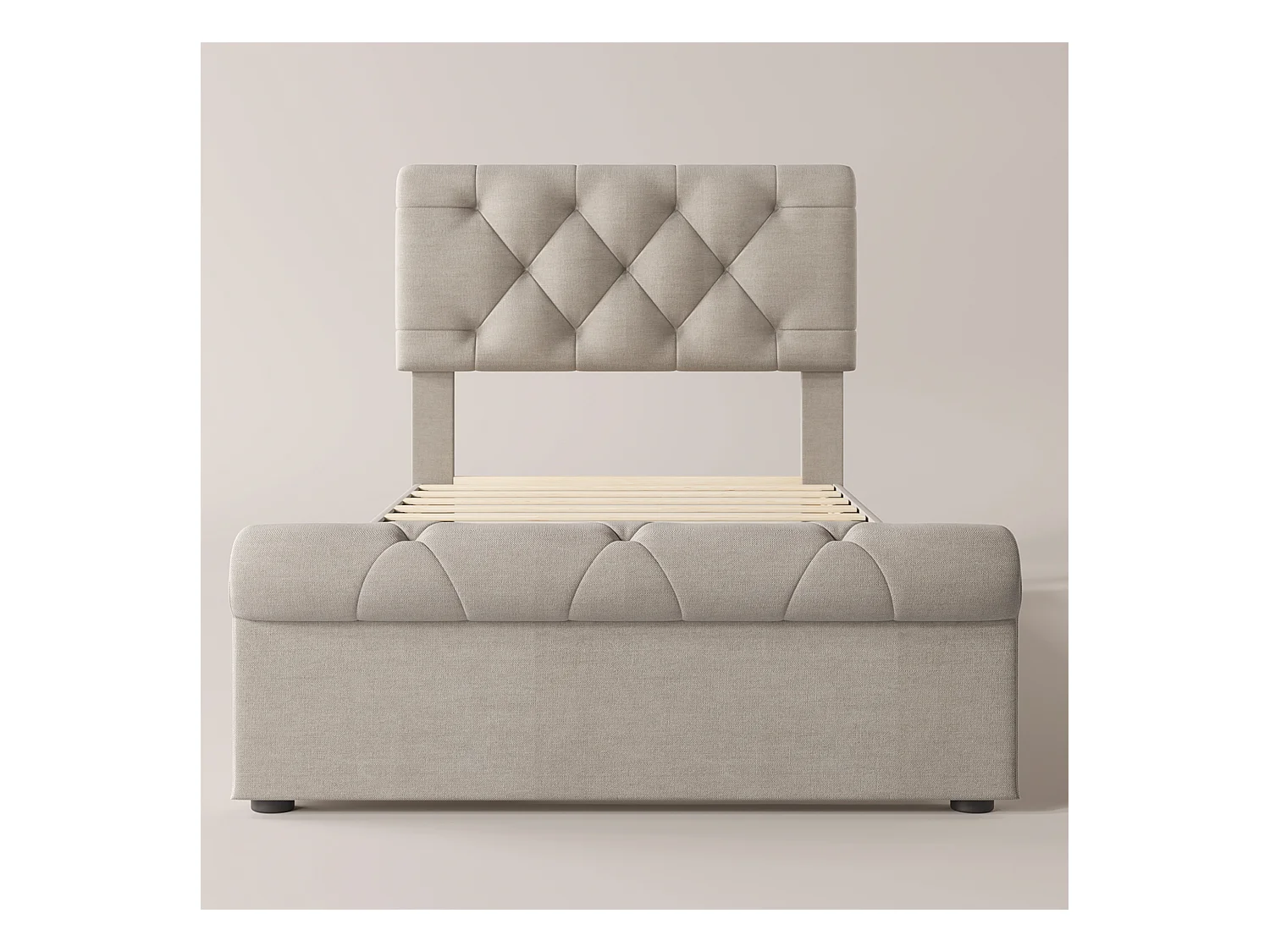 Lit 90 x 200 cm avec tête de lit + 2 tiroirs - tissu en lin - coloris naturel - Chesterfield