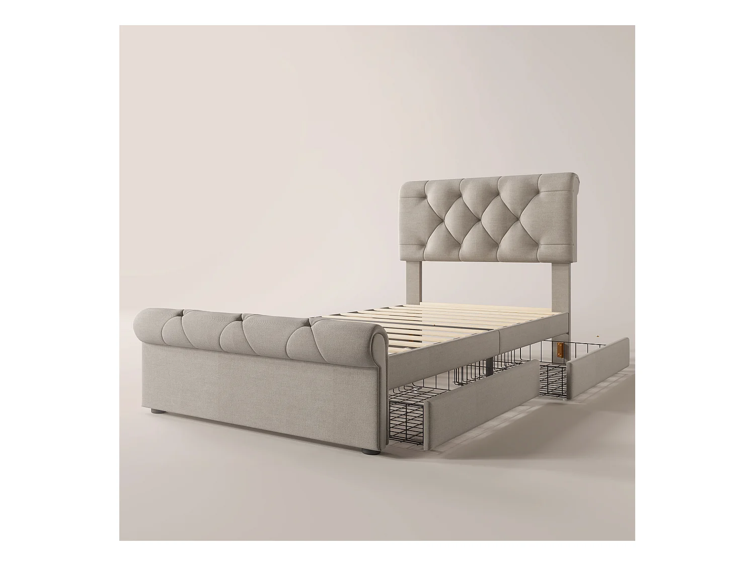 Lit 90 x 200 cm avec tête de lit + 2 tiroirs - tissu en lin - coloris naturel - Chesterfield