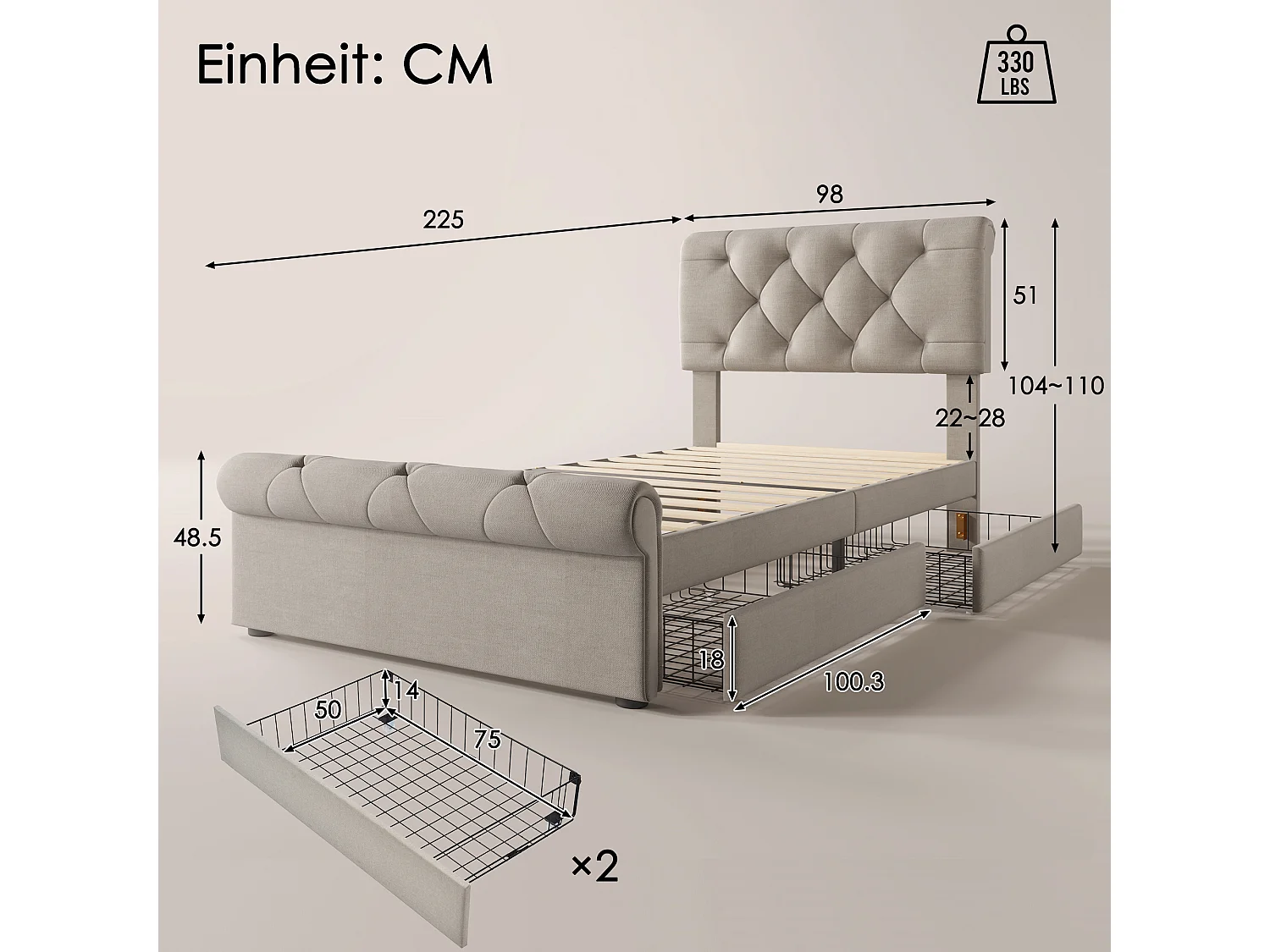 Lit 90 x 200 cm avec tête de lit + 2 tiroirs - tissu en lin - coloris naturel - Chesterfield