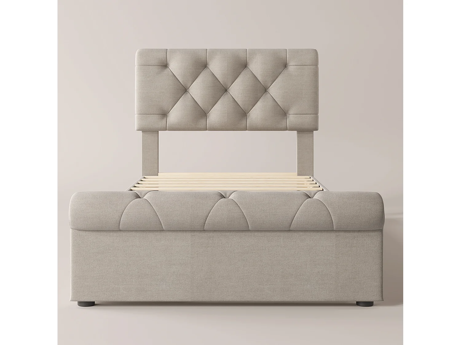 Lit 90 x 200 cm avec tête de lit + 2 tiroirs - tissu en lin - coloris naturel - Chesterfield