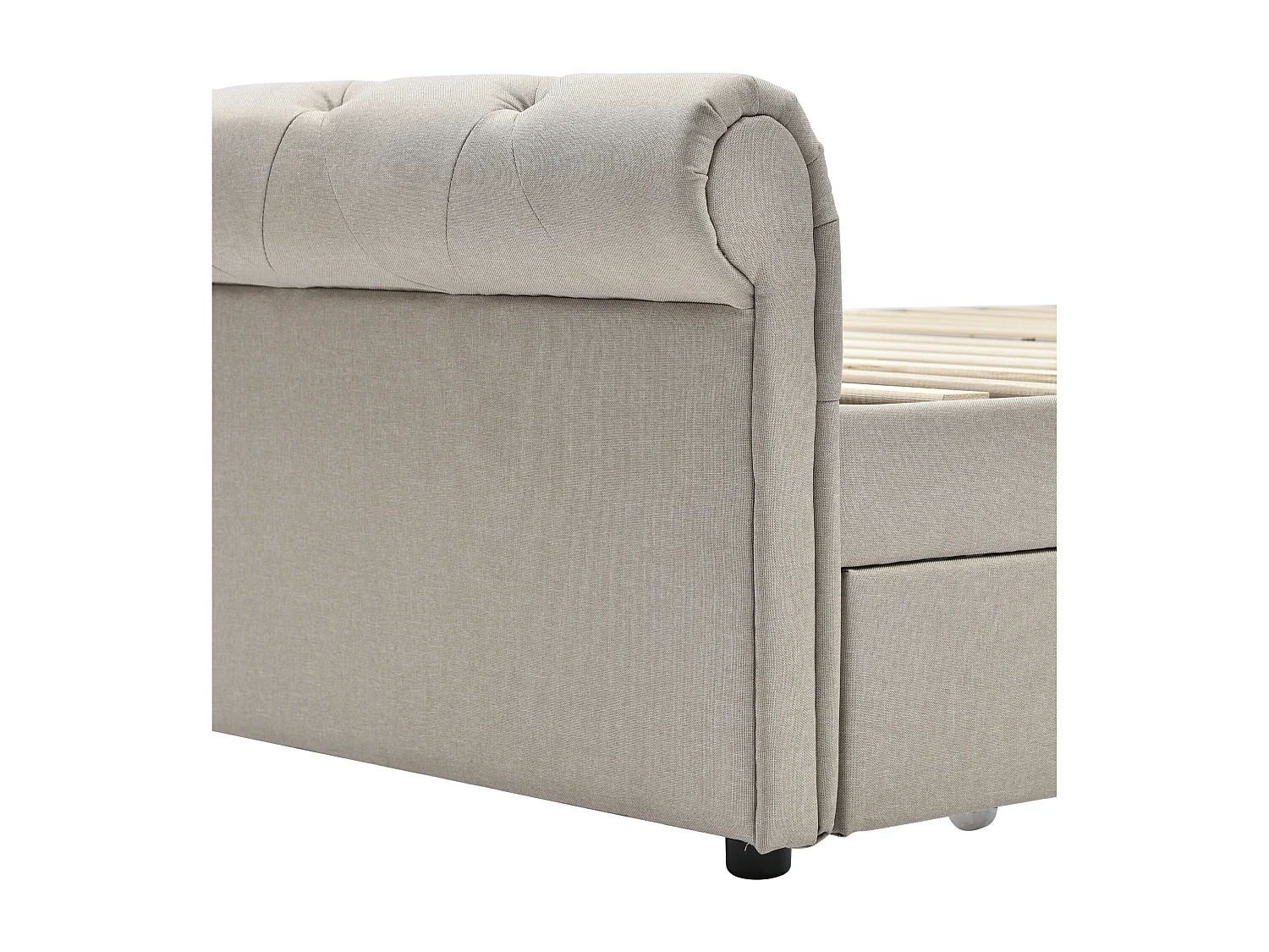 Lit 90 x 200 cm avec tête de lit + 2 tiroirs - tissu en lin - coloris naturel - Chesterfield