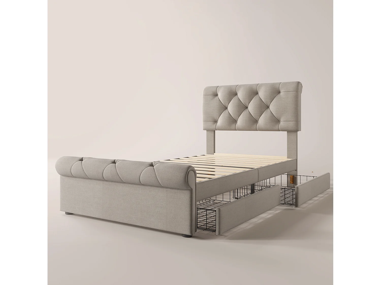 Lit 90 x 200 cm avec tête de lit + 2 tiroirs - tissu en lin - coloris naturel - Chesterfield