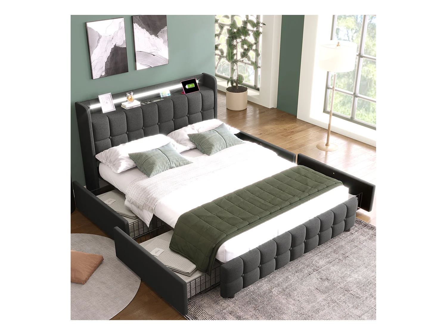 Lit capitonné adulte 140 x 200 cm avec 4 tiroirs - USB + LEDs - tissu en lin - gris