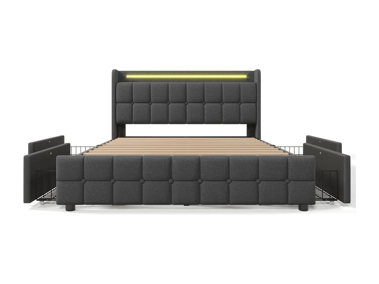 Lit capitonné adulte 140 x 200 cm avec 4 tiroirs - USB + LEDs - tissu en lin - gris