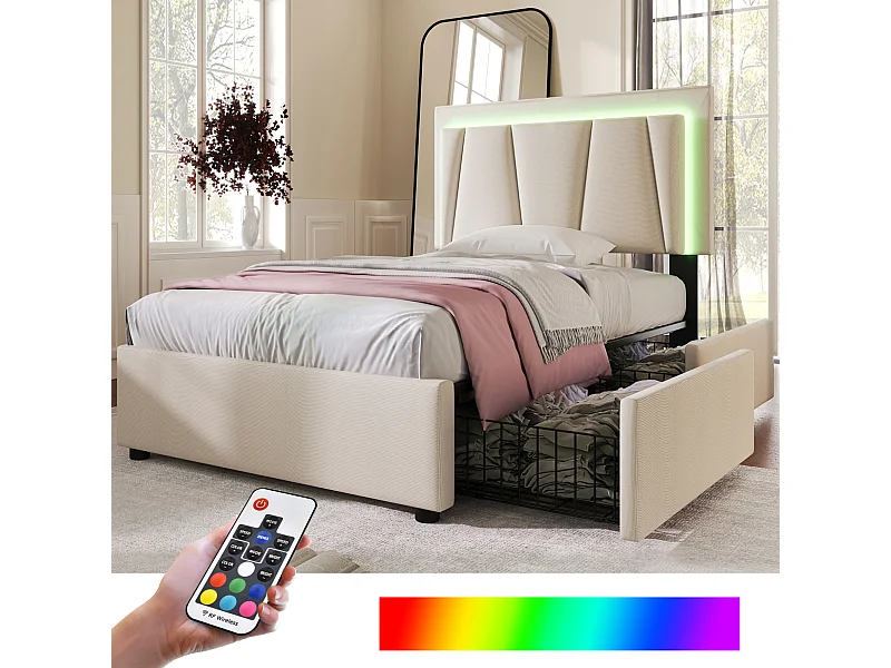 Lit capitonné enfant 90 x 200 cm 2 tiroirs + tête de lit réglable - LEDs - Beige