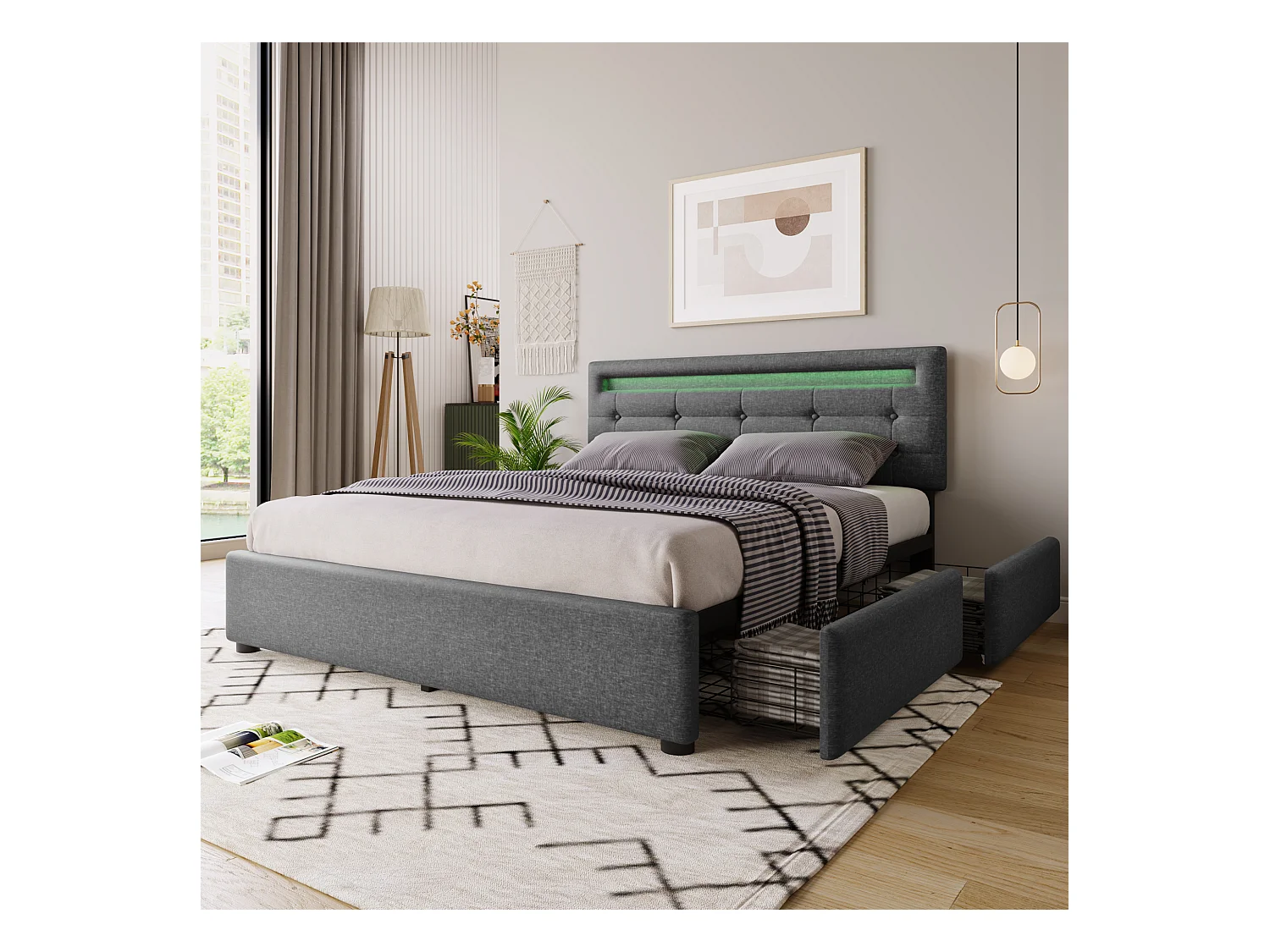 Lit capitonné double 140 x 200 cm avec tête de lit réglable & 4 tiroirs - LEDs - lin gris