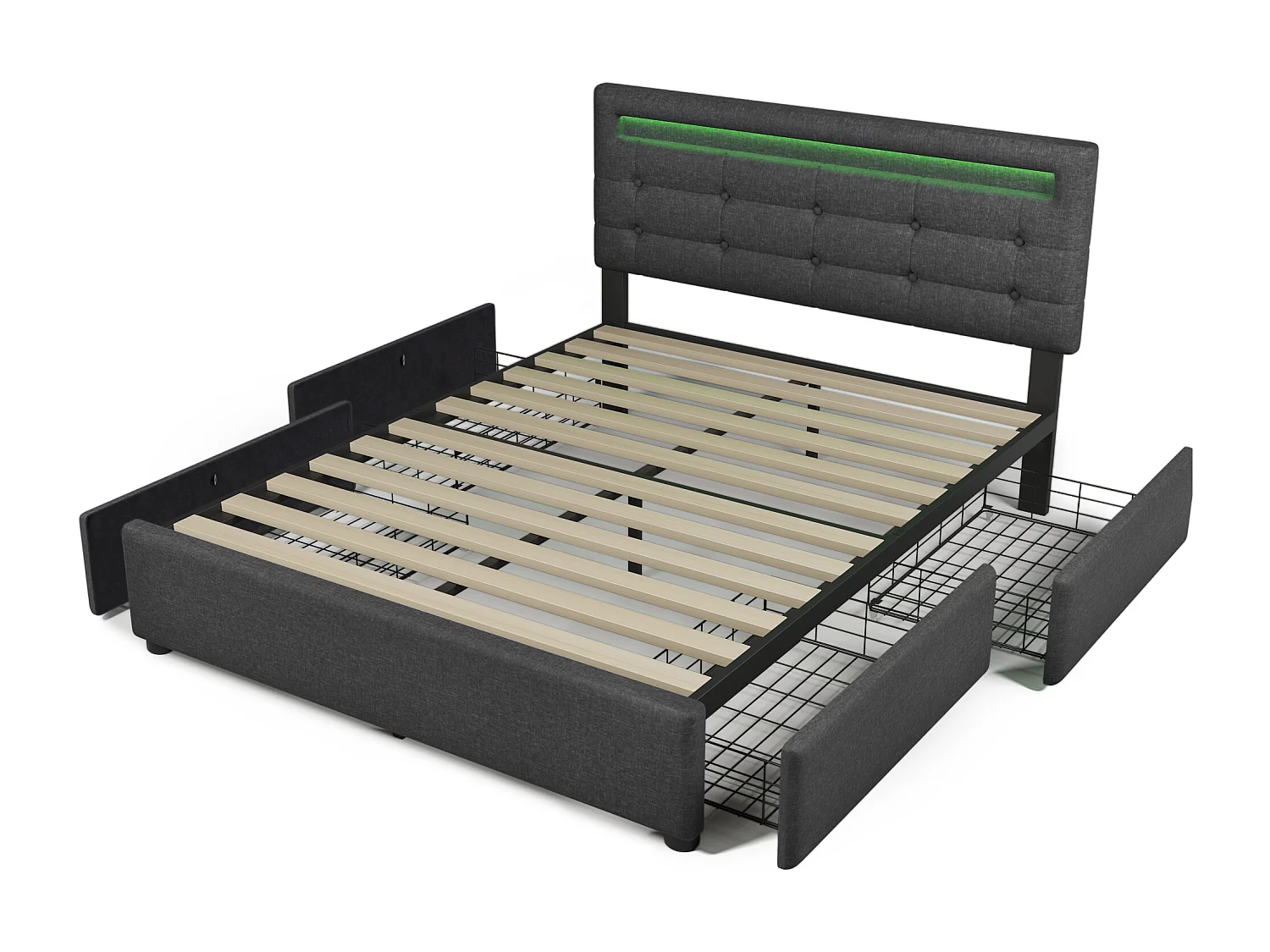 Lit capitonné double 140 x 200 cm avec tête de lit réglable & 4 tiroirs - LEDs - lin gris