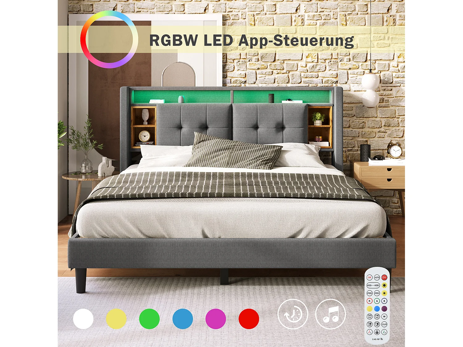 Łóżko tapicerowane, łóżko podwójne, zagłówek z ładowaniem USB i oświetleniem LED, rama łóżka z listew drewnianych, 160 x 200 cm, kolor szary (bez materaca).