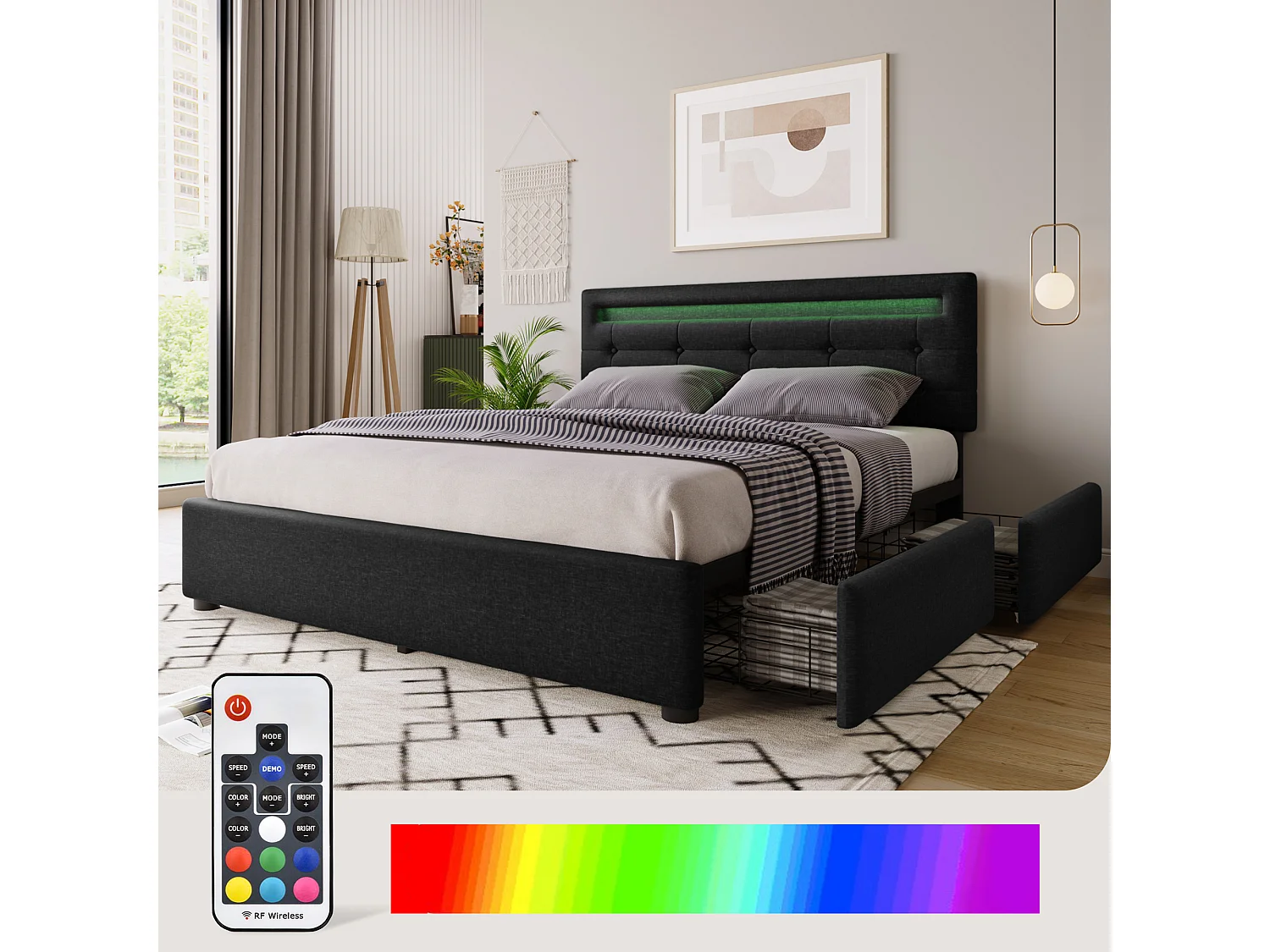 Dubbel gevoerd bed 140 x 200 cm met verstelbaar hoofdeinde & 4 laden - LED's - zwart linnen + matras