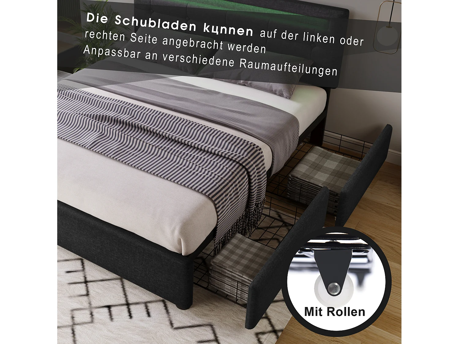 Dubbel gevoerd bed 140 x 200 cm met verstelbaar hoofdeinde & 4 laden - LED's - zwart linnen + matras