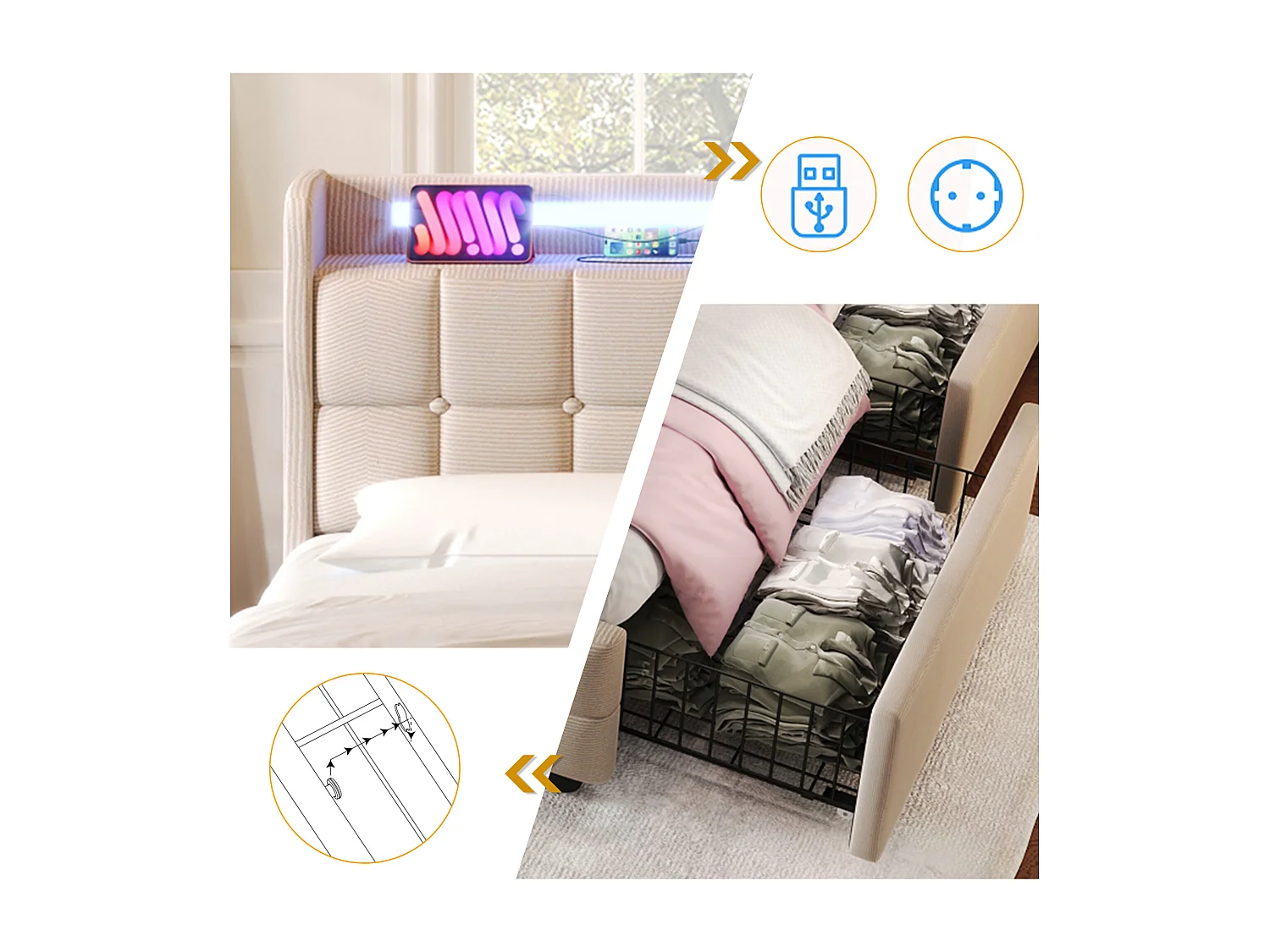 Gepolstertes Erwachsenenbett 140 x 200 cm mit 4 Schubladen – USB + LEDs – Leinenstoff – Beige