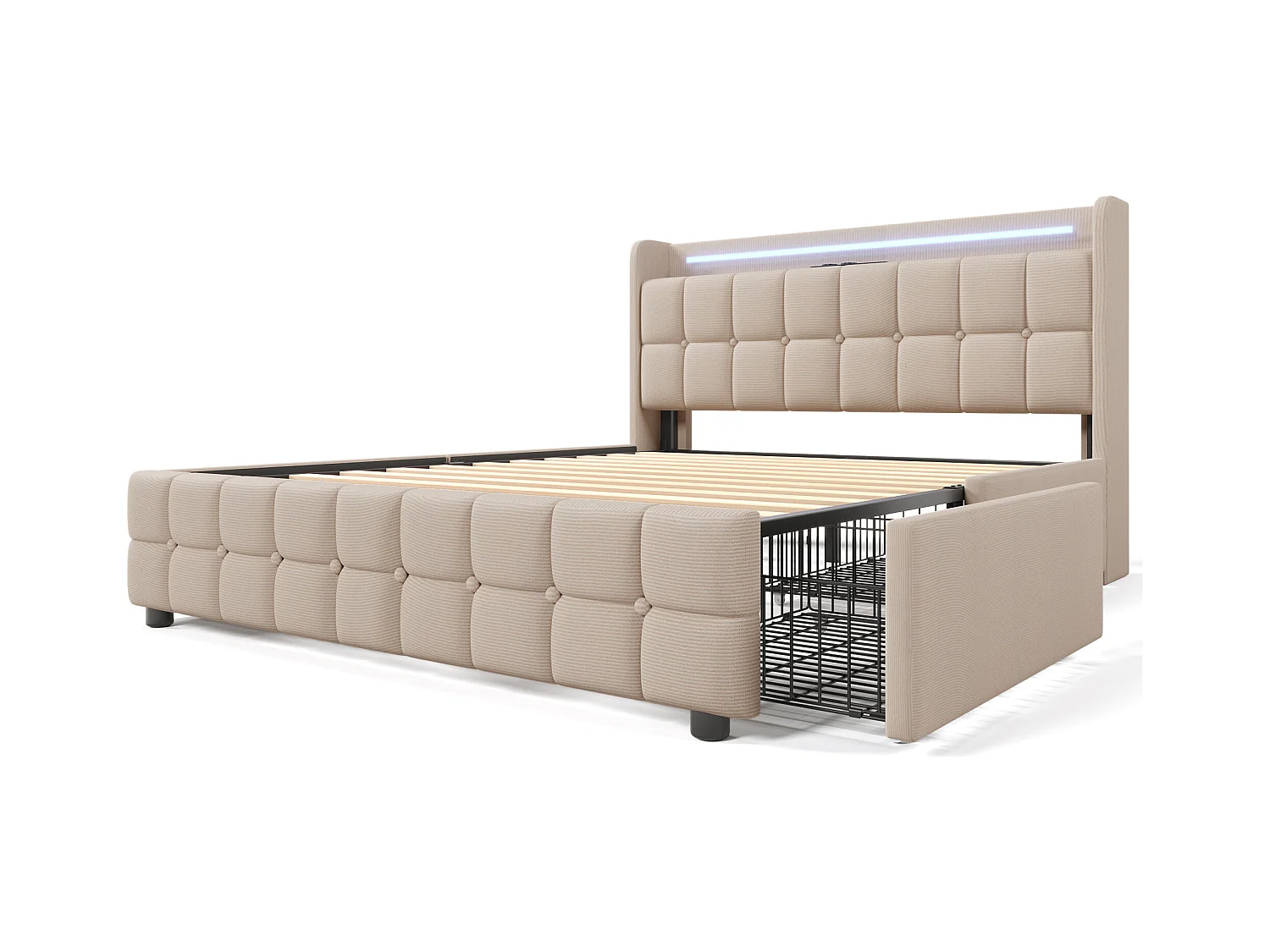 Lit capitonné adulte 140 x 200 cm avec 4 tiroirs - USB + LEDs - tissu en lin - beige