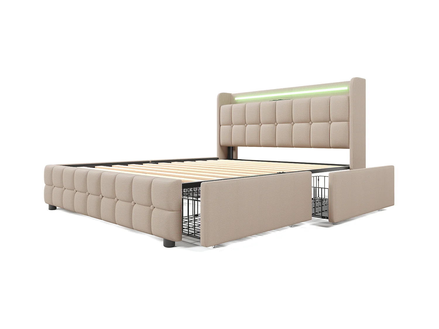 Lit capitonné adulte 140 x 200 cm avec 4 tiroirs - USB + LEDs - tissu en lin - beige