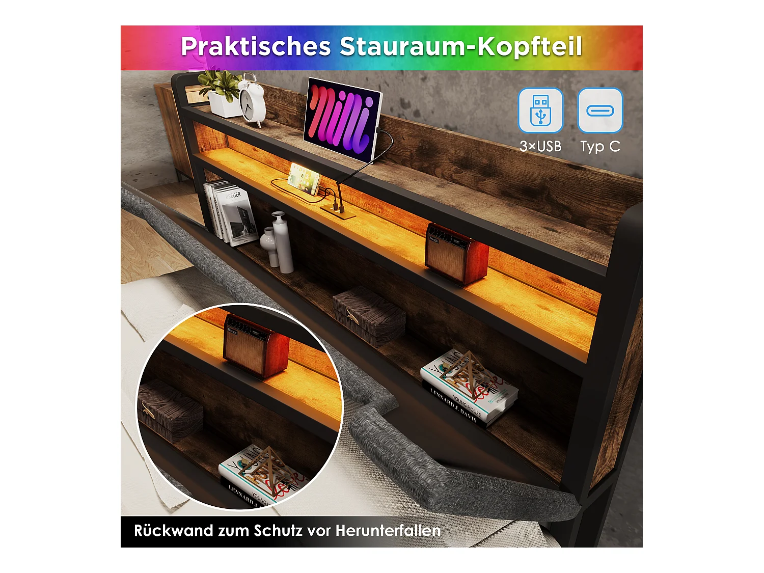 Lit adulte 140 x 200 cm avec tiroirs et tête de lit coffre - USB + Type C + LEDs - Lin - Gris