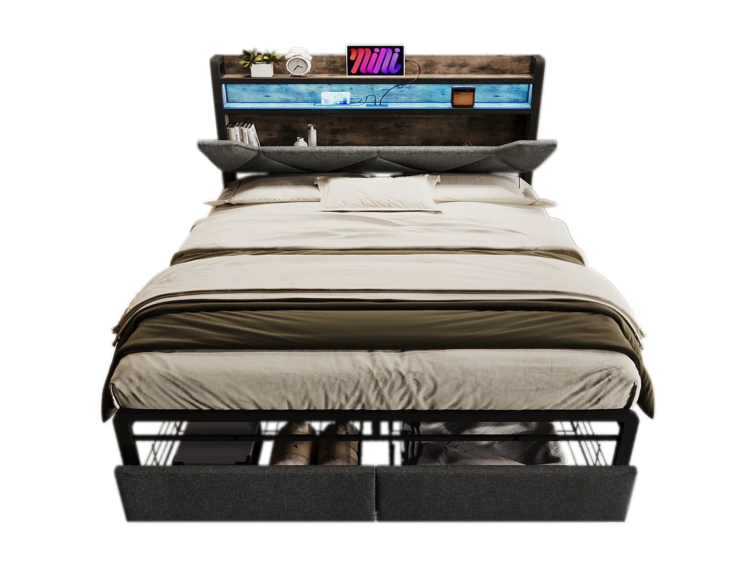 Lit adulte 140 x 200 cm avec tiroirs et tête de lit coffre - USB + Type C + LEDs - Lin - Gris