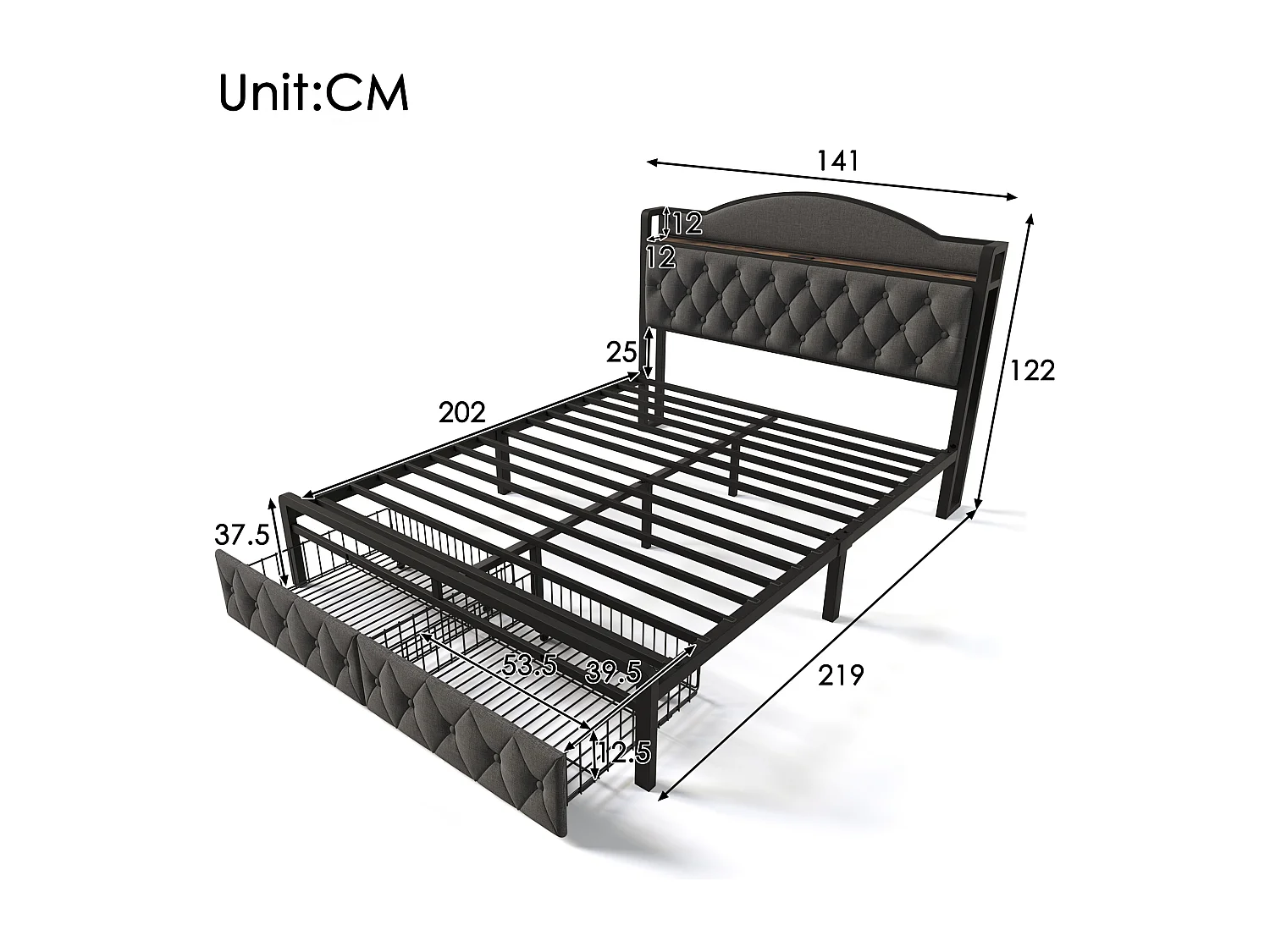 Lit 140 x 200 cm avec tête de lit rangement et 2 tiroirs - USB + Type C - lin + métal - gris