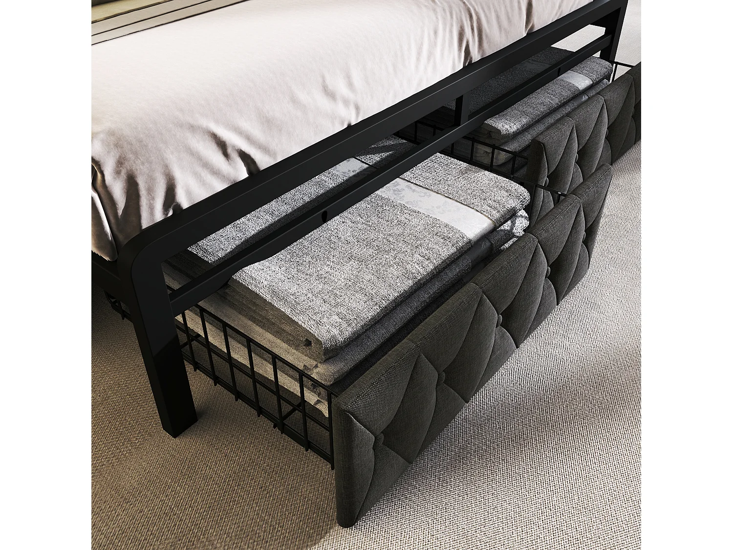 Lit 140 x 200 cm avec tête de lit rangement et 2 tiroirs - USB + Type C - lin + métal - gris