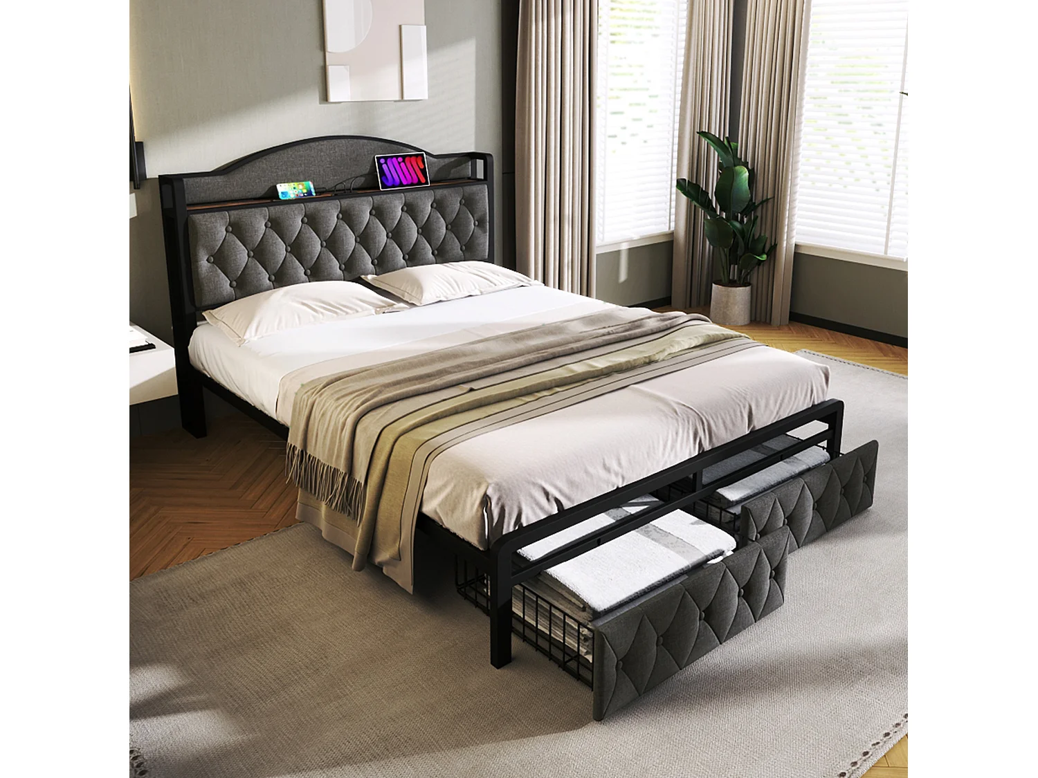 Lit 140 x 200 cm avec tête de lit rangement et 2 tiroirs - USB + Type C - lin + métal - gris