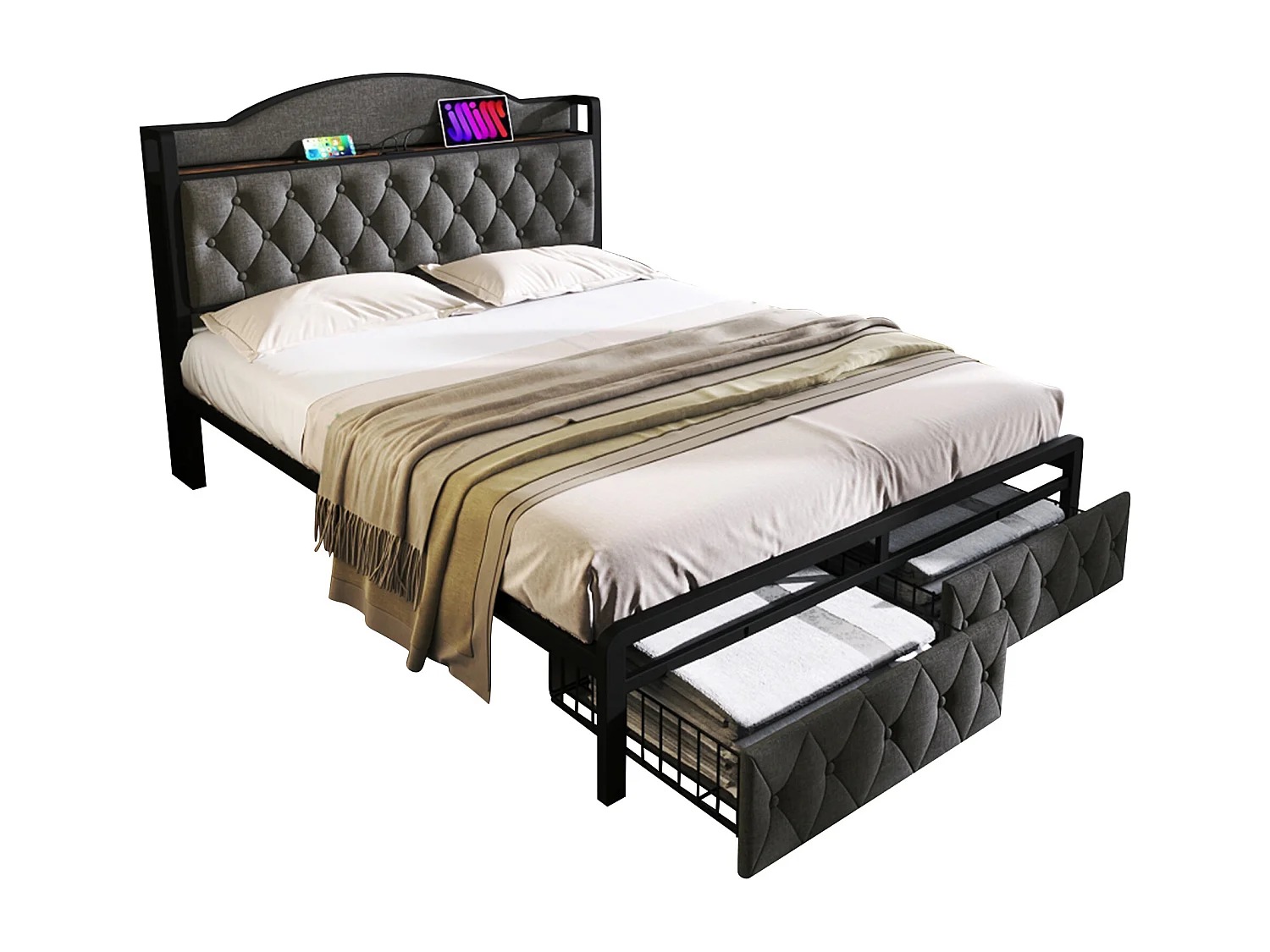 Lit 140 x 200 cm avec tête de lit rangement et 2 tiroirs - USB + Type C - lin + métal - gris