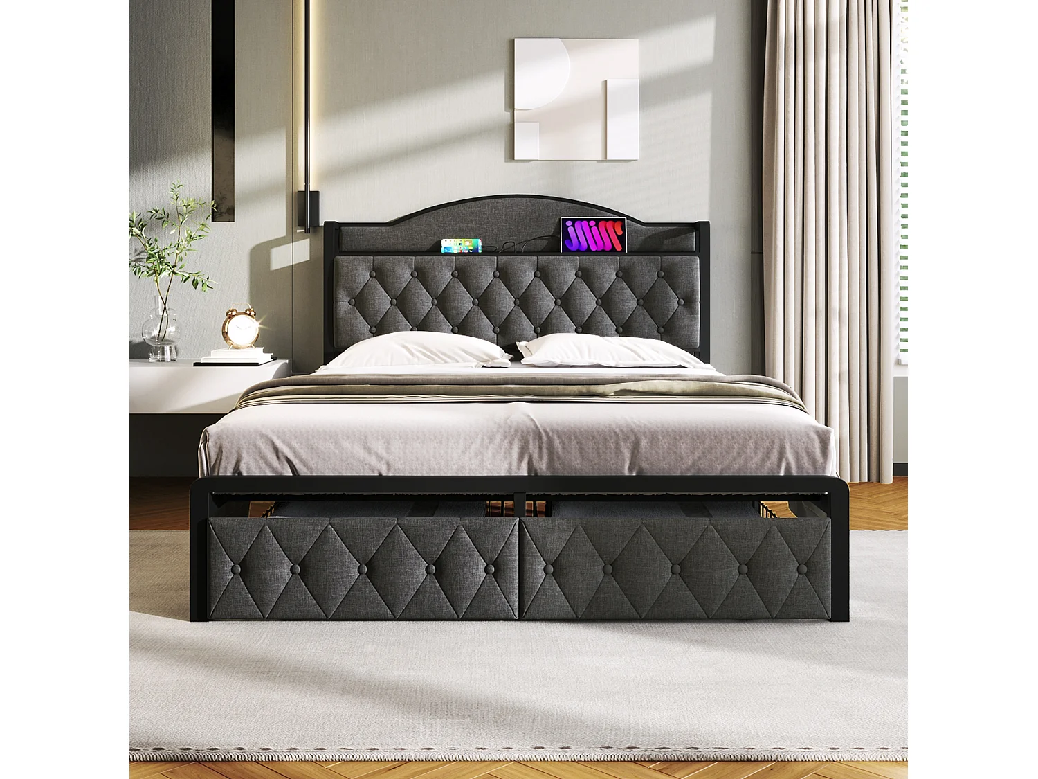 Lit 140 x 200 cm avec tête de lit rangement et 2 tiroirs - USB + Type C - lin + métal - gris