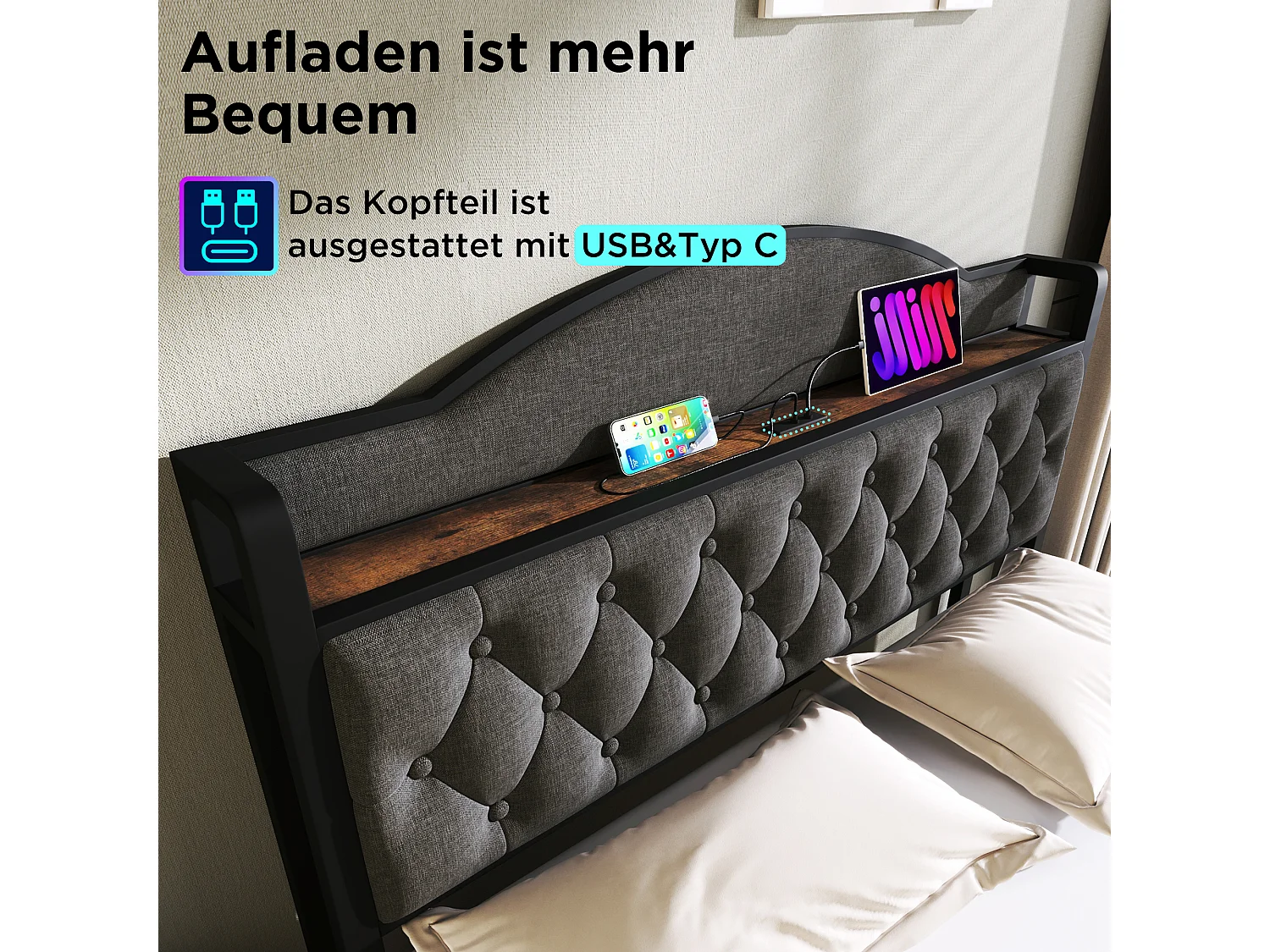 Cama 140 x 200 cm com cabeceira de arrumação e 2 gavetas - USB + Tipo C - linho + metal - cinza