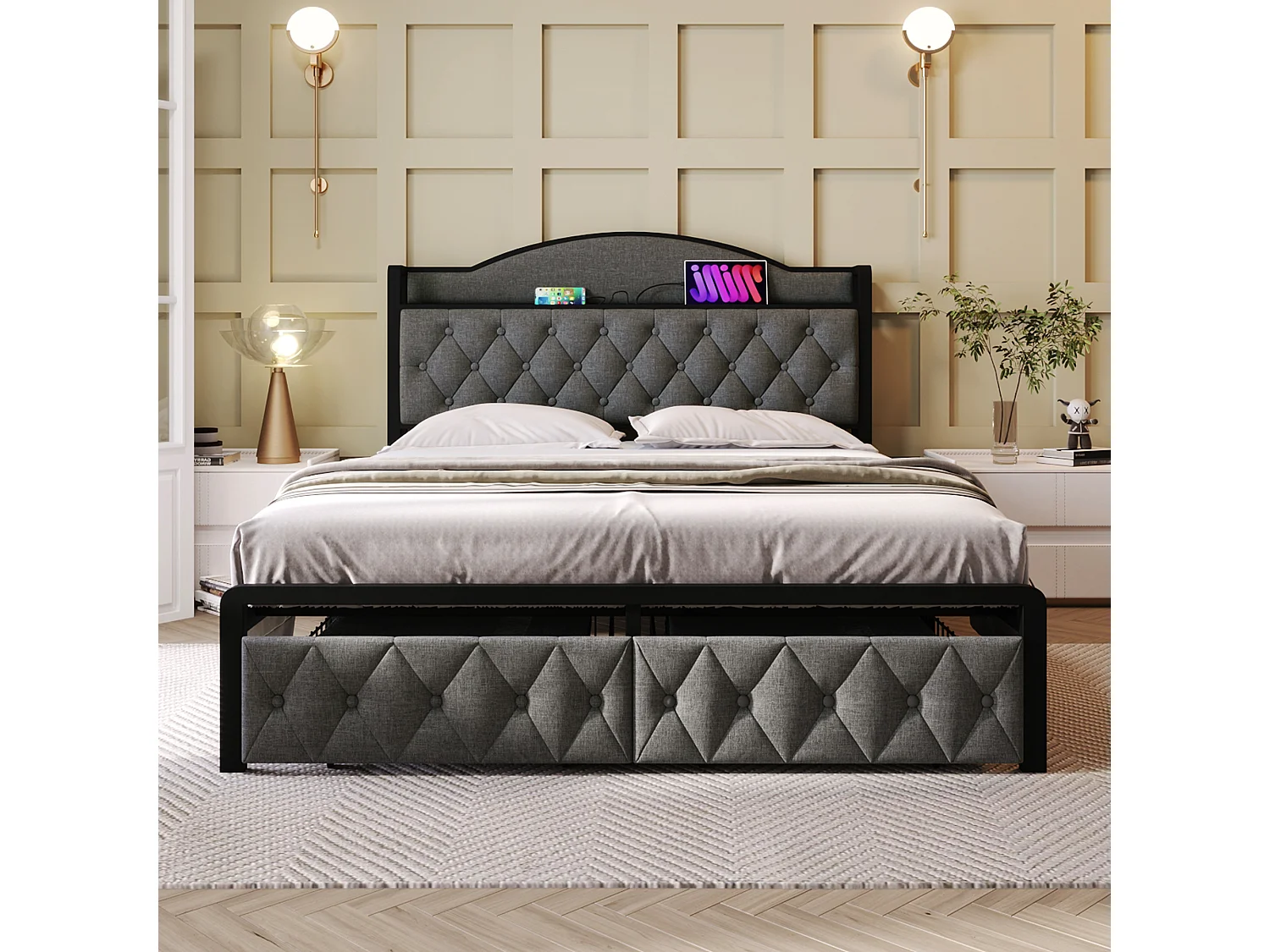 Cama 140 x 200 cm com cabeceira de arrumação e 2 gavetas - USB + Tipo C - linho + metal - cinza