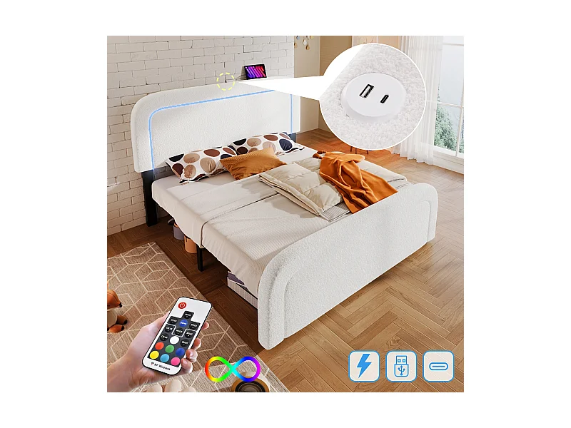 Erwachsenenbett 160 x 200 cm mit verstellbarem Kopfteil – USB + Typ C + LEDs – Sherpa-Stoff – Weiß