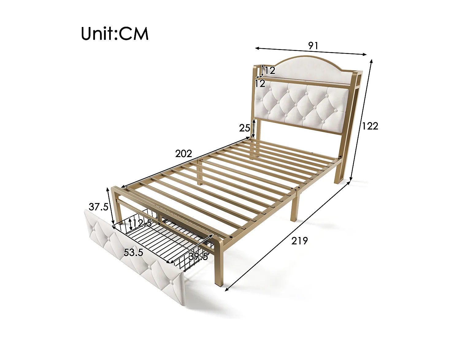 Cama infantil 90 x 200 cm com gaveta - USB + Tipo C - veludo + metal - bege claro
