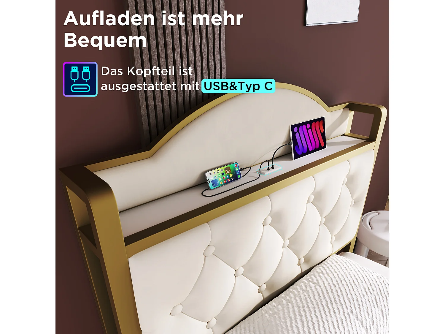 Cama infantil 90 x 200 cm com gaveta - USB + Tipo C - veludo + metal - bege claro