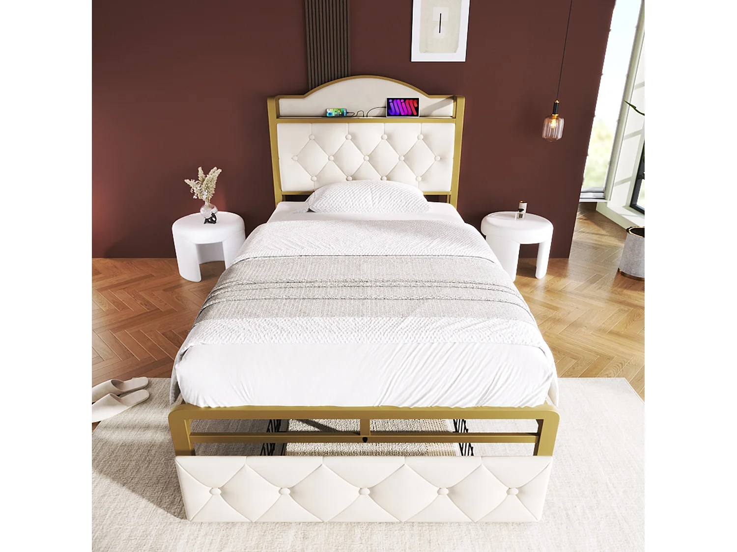 Cama infantil 90 x 200 cm com gaveta - USB + Tipo C - veludo + metal - bege claro