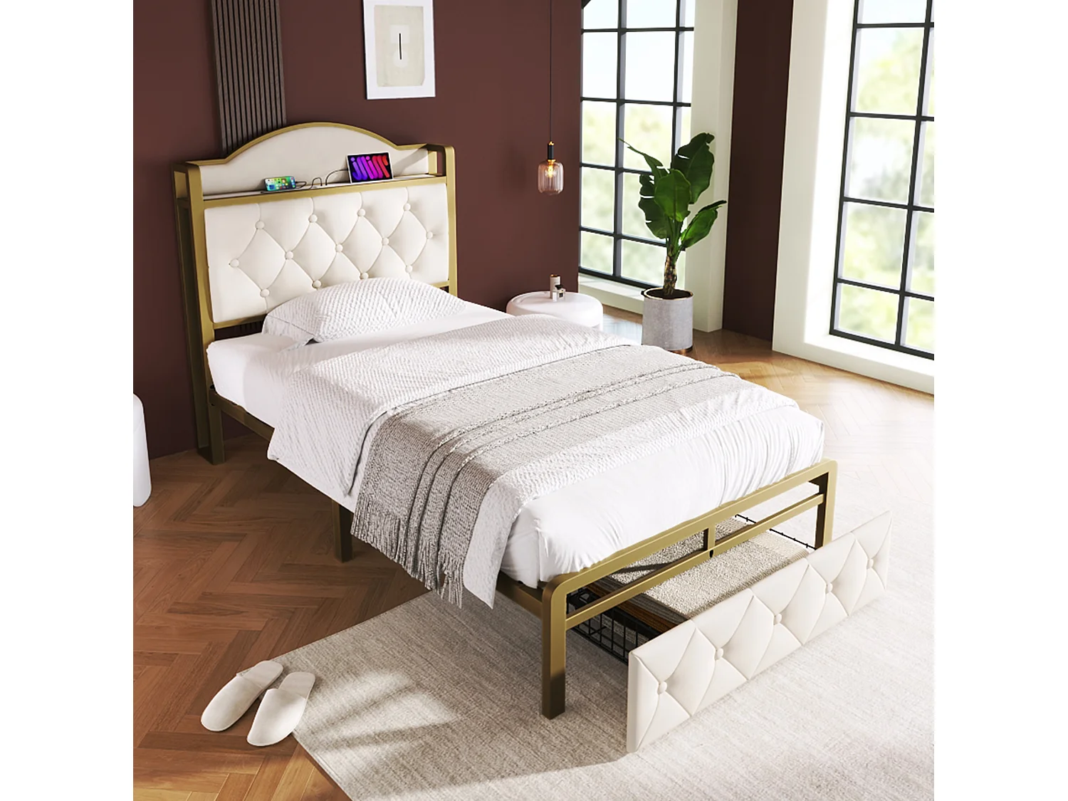 Cama infantil 90 x 200 cm com gaveta - USB + Tipo C - veludo + metal - bege claro