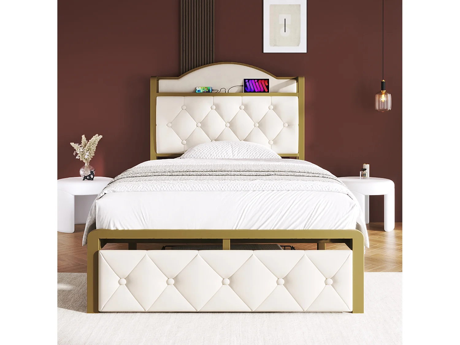 Cama infantil 90 x 200 cm com gaveta - USB + Tipo C - veludo + metal - bege claro