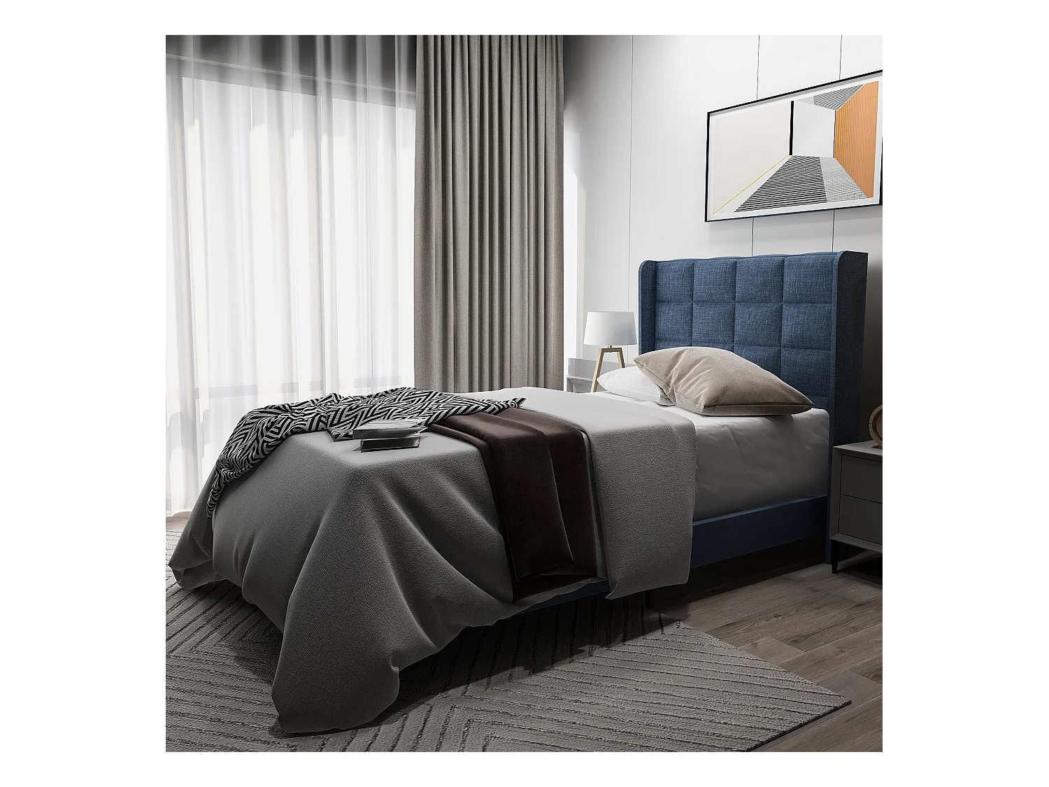 Lit capitonné lit adulte avec tête de lit - 90 x 200 cm - tissu en lin - bleu