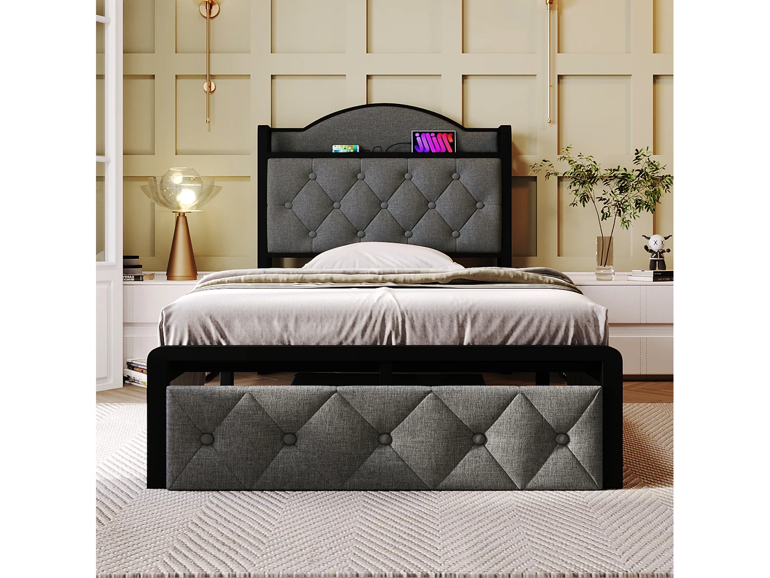 Lit enfant 90 x 200 cm avec tiroir - USB + Type C - lin + métal - gris