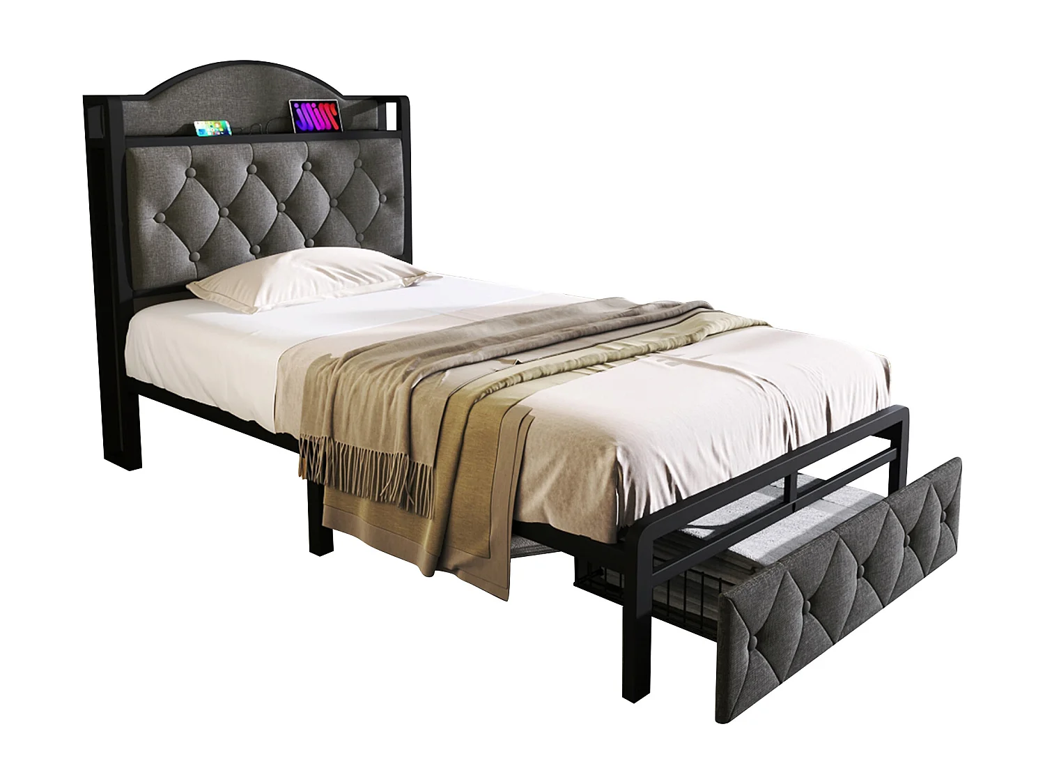 Lit enfant 90 x 200 cm avec tiroir - USB + Type C - lin + métal - gris