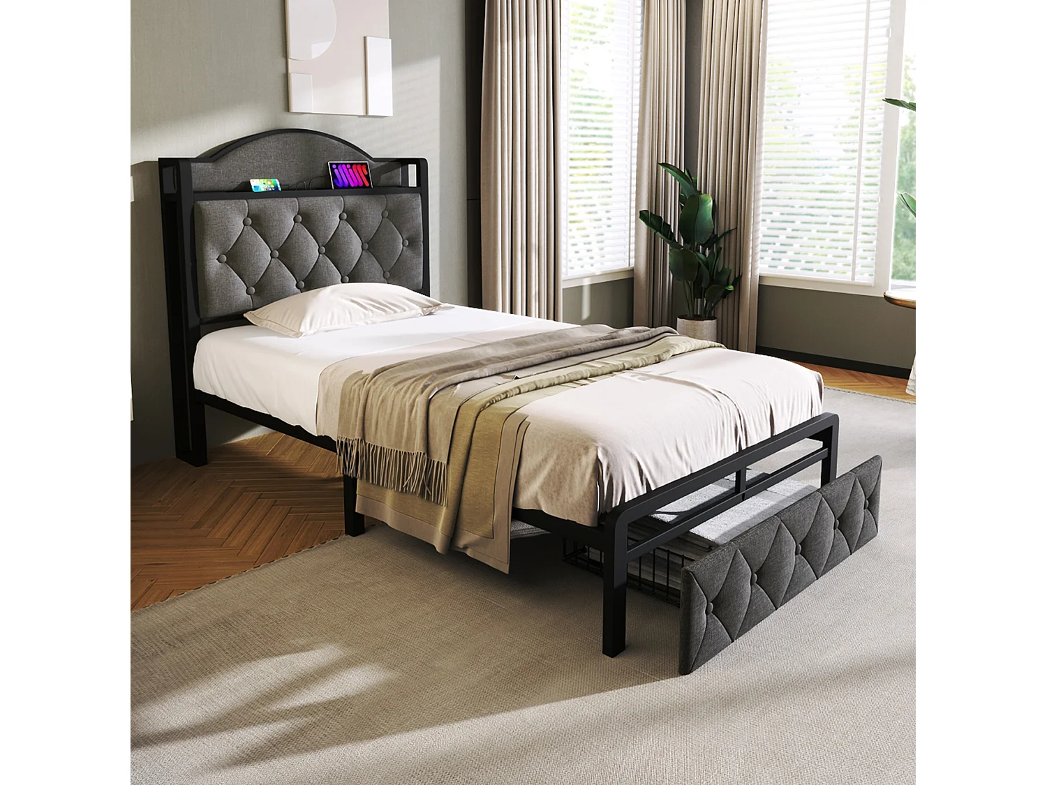 Lit enfant 90 x 200 cm avec tiroir - USB + Type C - lin + métal - gris