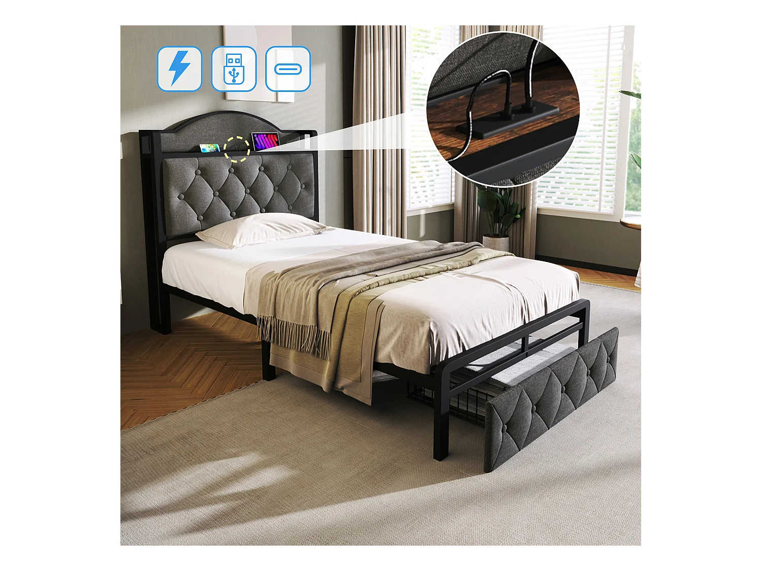 Kinderbed 90 x 200 cm met lade - USB + Type C - fluweel + metaal - grijs