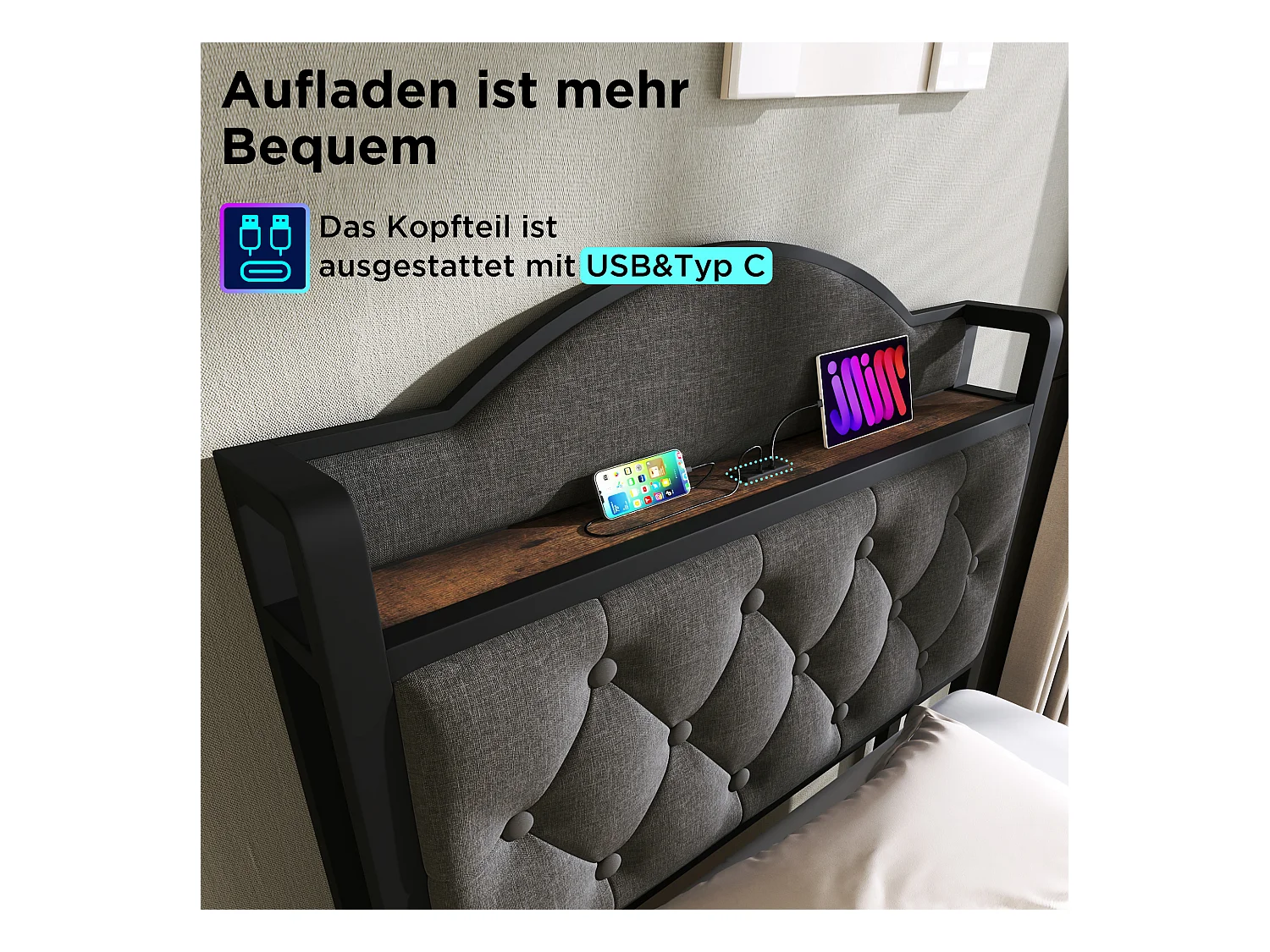 Letto per bambini 90 x 200 cm con cassetto - USB + Type C - velluto + metallo - grigio