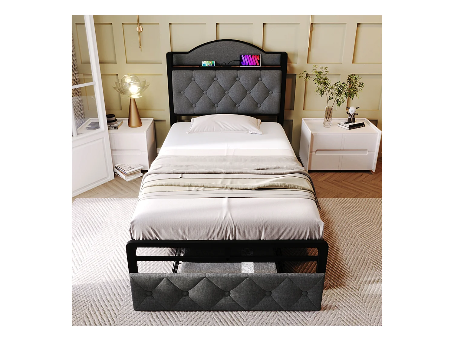 Letto per bambini 90 x 200 cm con cassetto - USB + Type C - velluto + metallo - grigio