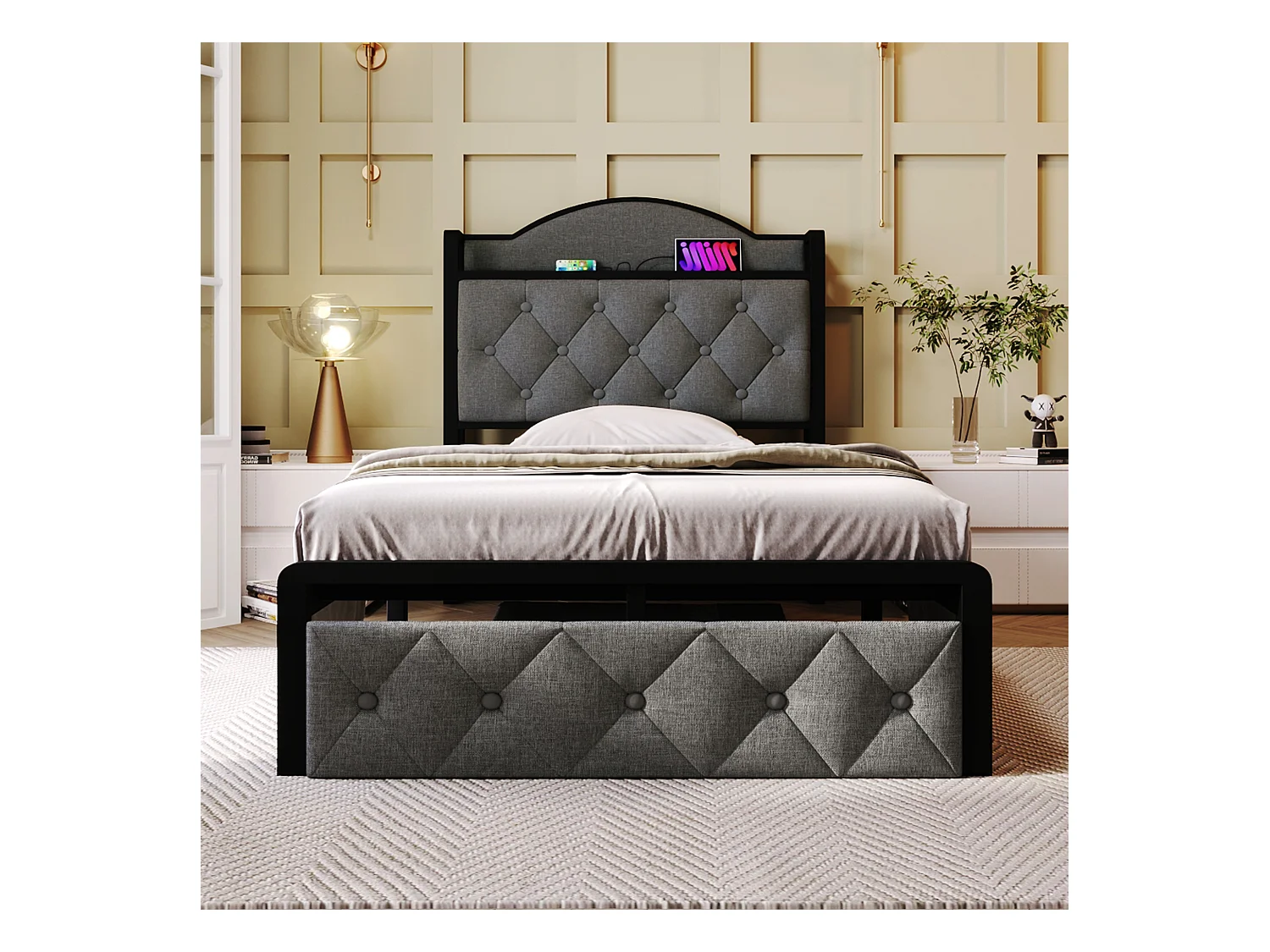 Letto per bambini 90 x 200 cm con cassetto - USB + Type C - velluto + metallo - grigio