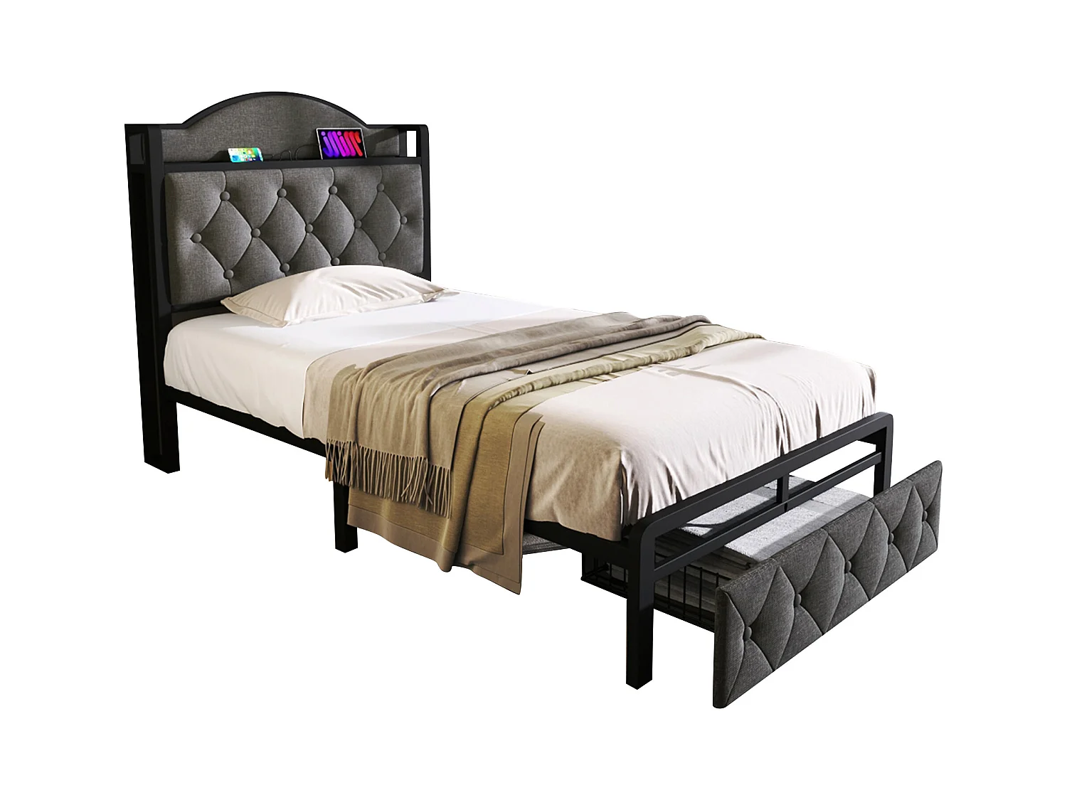 Letto per bambini 90 x 200 cm con cassetto - USB + Type C - velluto + metallo - grigio