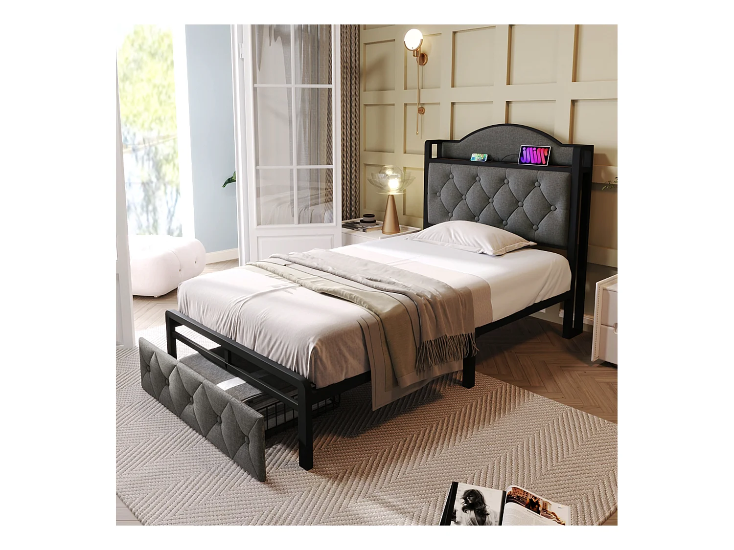 Letto per bambini 90 x 200 cm con cassetto - USB + Type C - velluto + metallo - grigio
