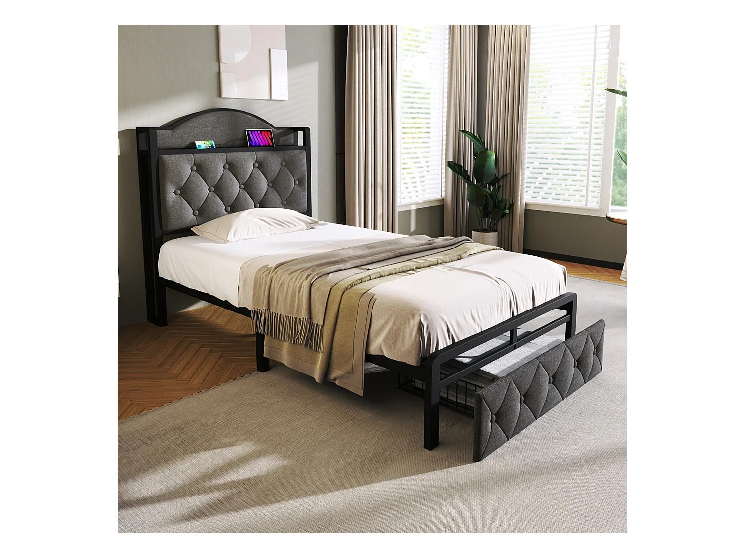 Letto per bambini 90 x 200 cm con cassetto - USB + Type C - velluto + metallo - grigio