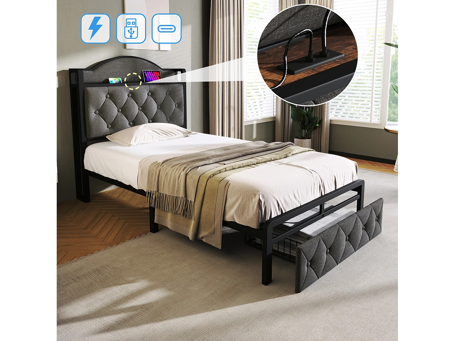 Lit enfant 90 x 200 cm avec tiroir - USB + Type C - lin + métal - gris