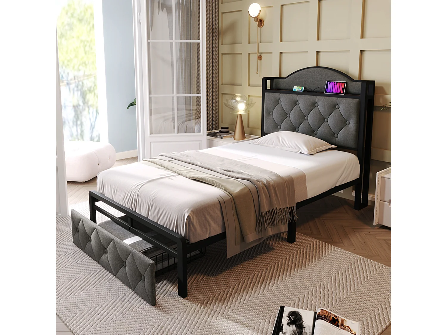 Lit enfant 90 x 200 cm avec tiroir - USB + Type C - lin + métal - gris