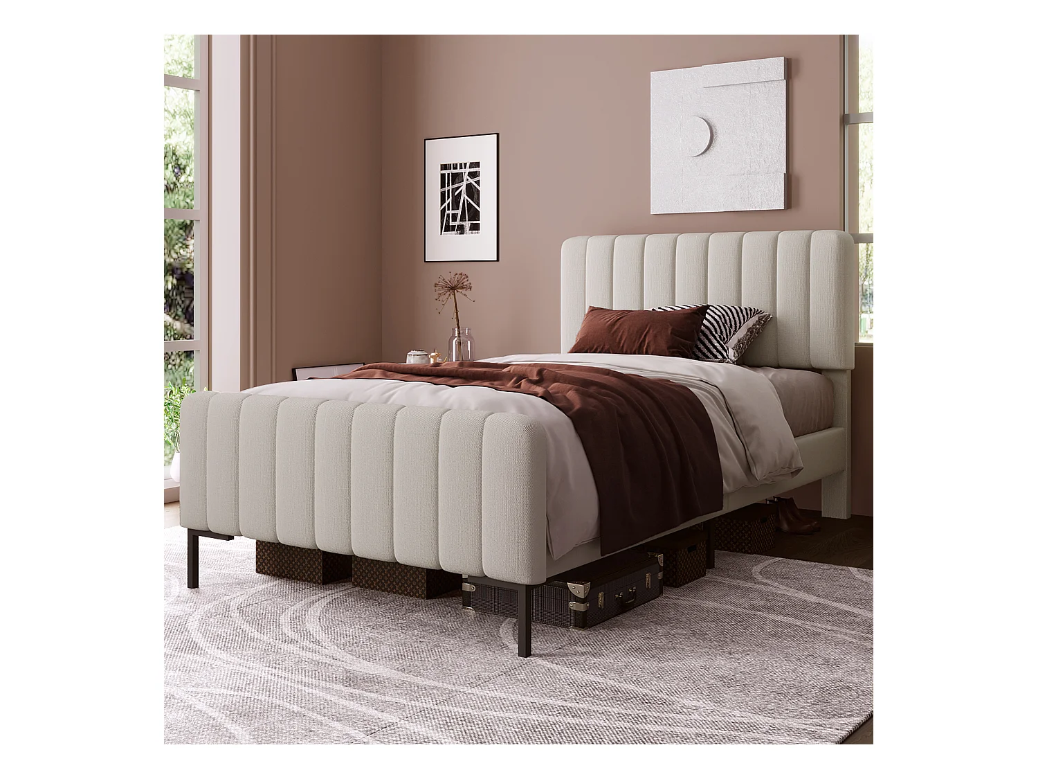 Polsterbett 90 x 200 cm mit verstellbarem Kopfteil – Leinenstoff – Beige