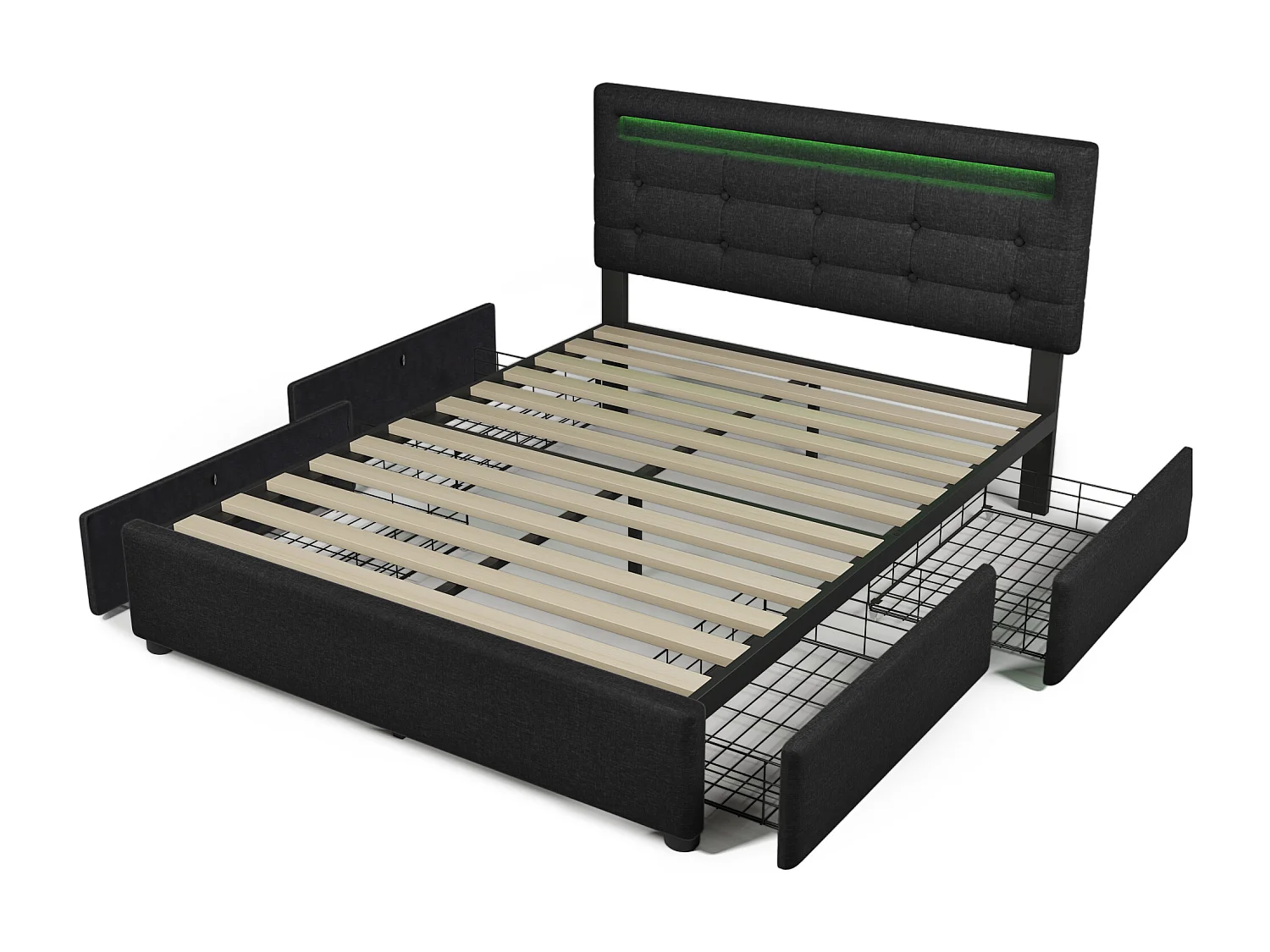 Cama dupla acolchoada 140 x 200 cm com cabeceira regulável e 4 gavetas - LEDs - linho preto