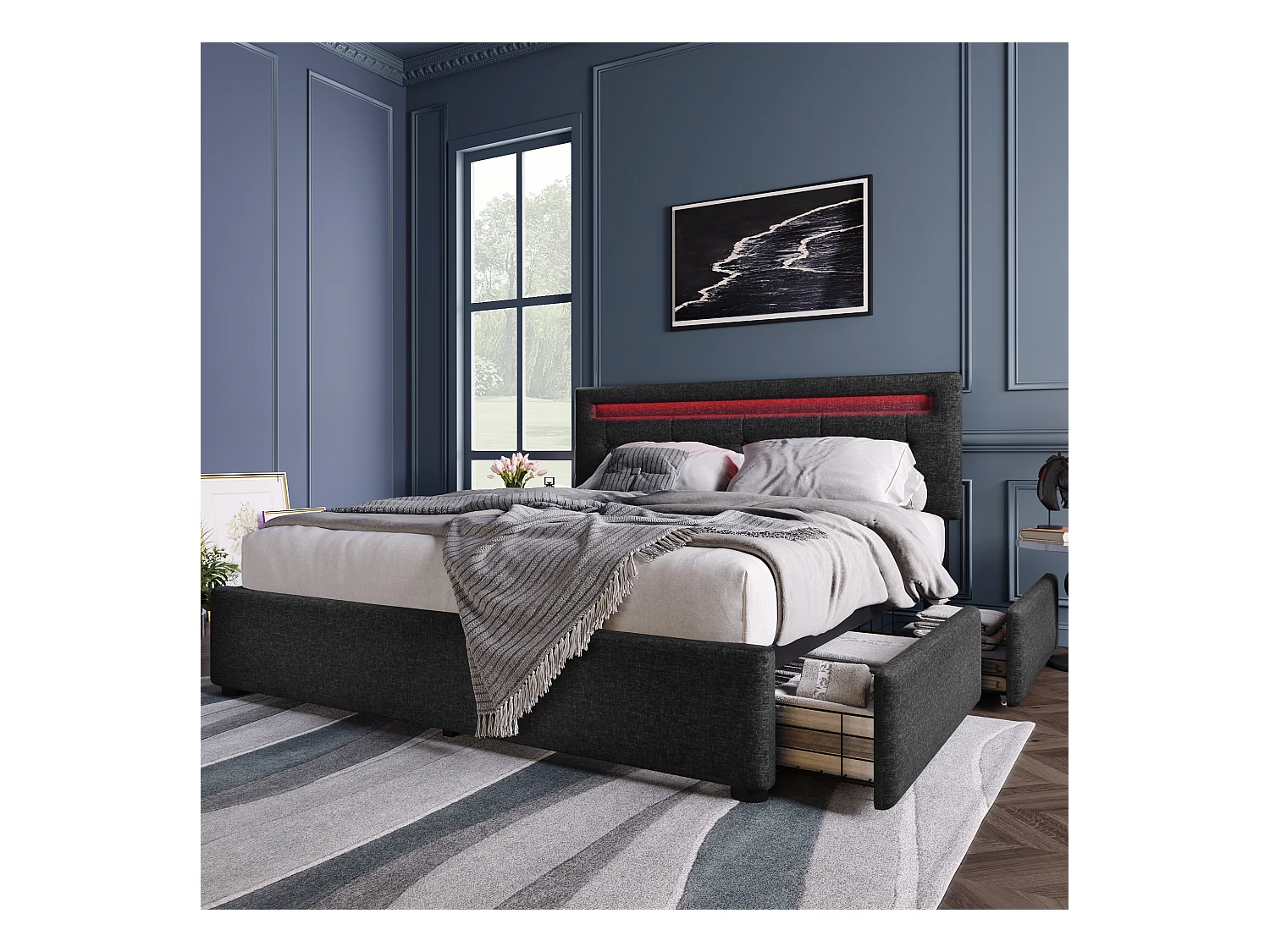 Lit capitonné double 140 x 200 cm avec tête de lit réglable & 4 tiroirs - LEDs - lin noir