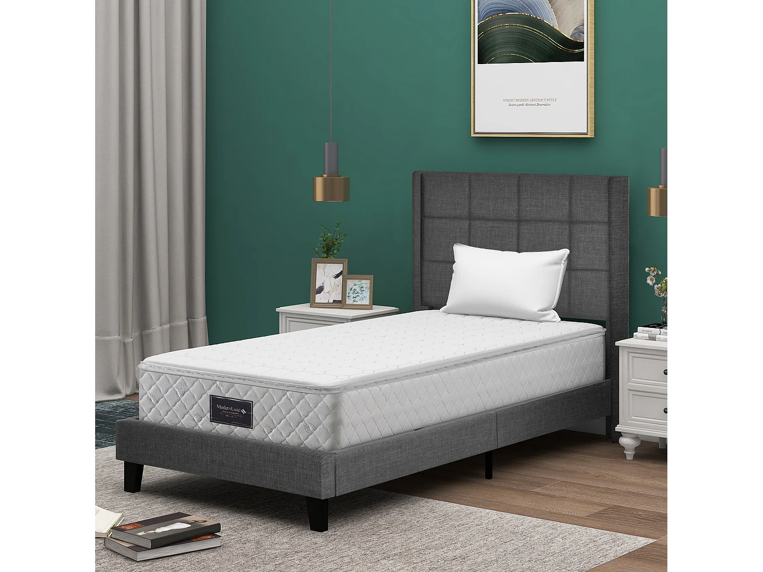 Polsterbett mit Kopfteil – 90 x 200 cm – Leinenstoff – Boxspring + Matratze – Grau